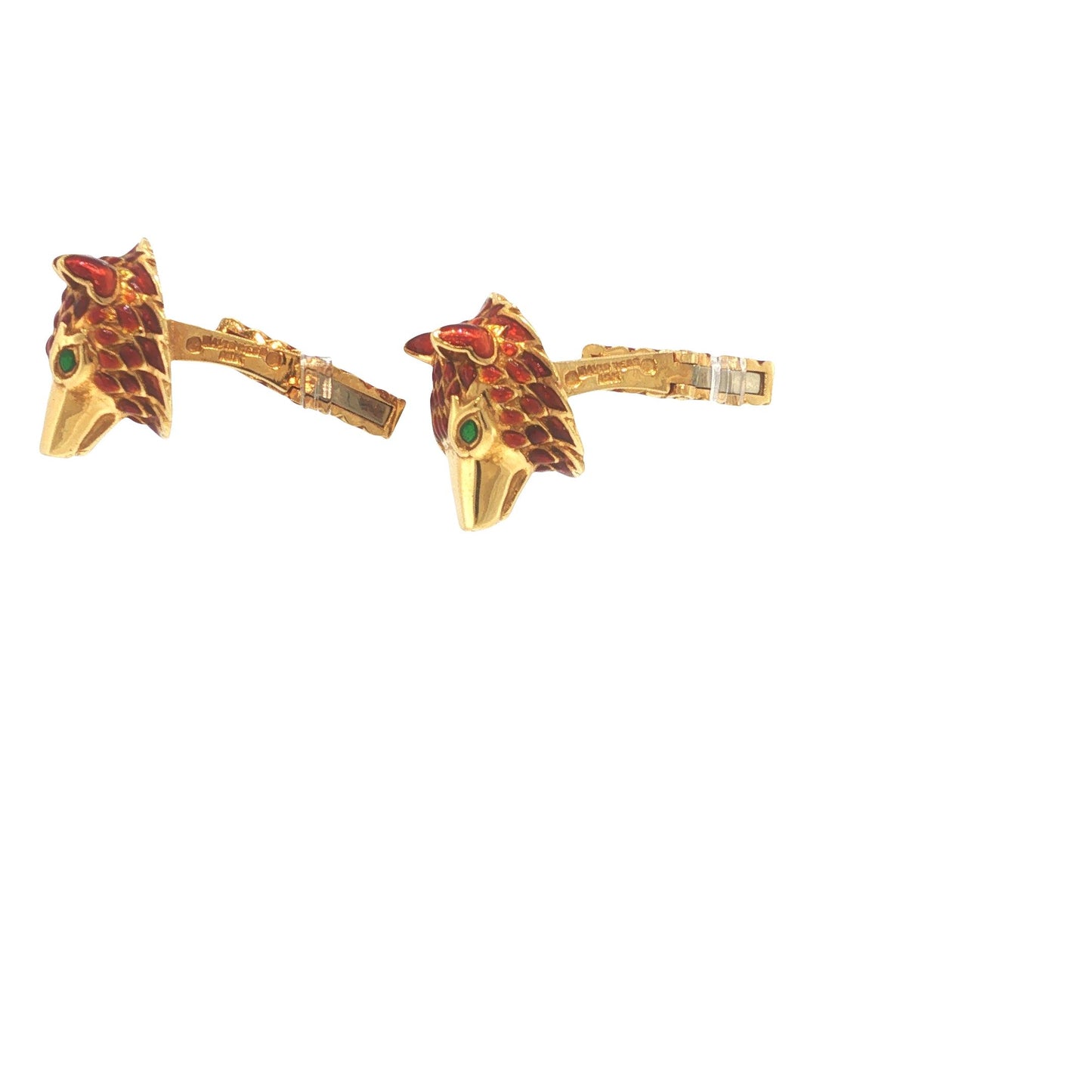 David Webb 18K Gold Red Enamel Wolf Head Cufflinks