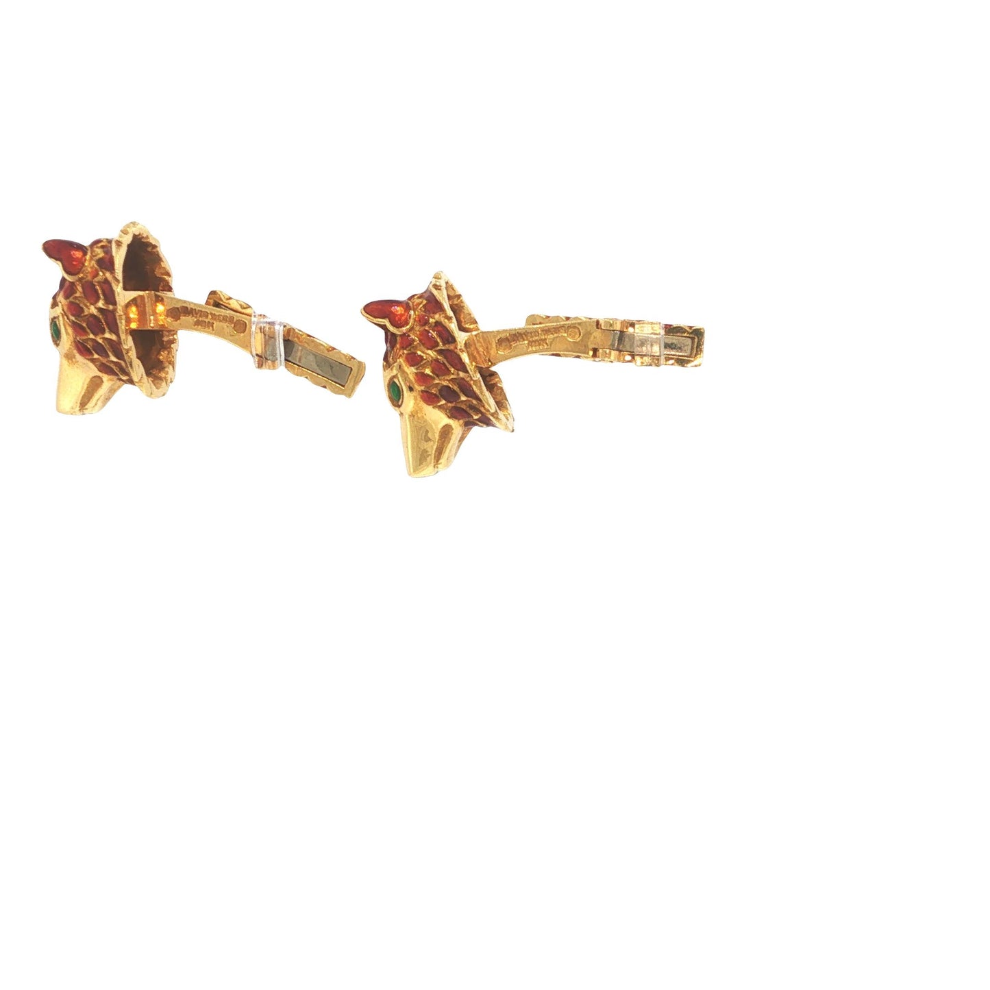 David Webb 18K Gold Red Enamel Wolf Head Cufflinks