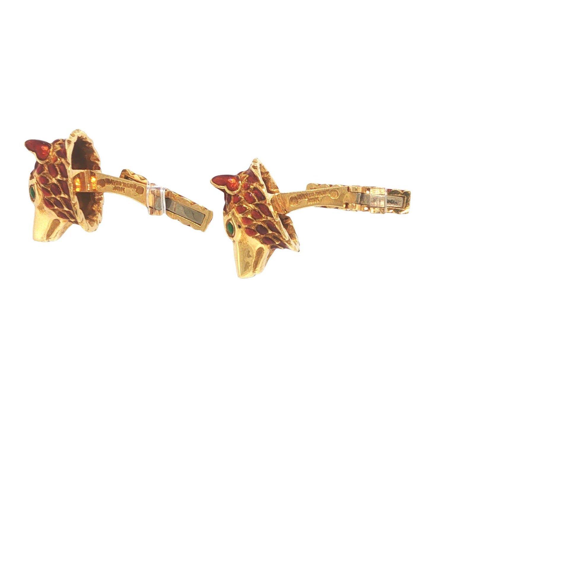 David Webb 18K Gold Red Enamel Wolf Head Cufflinks