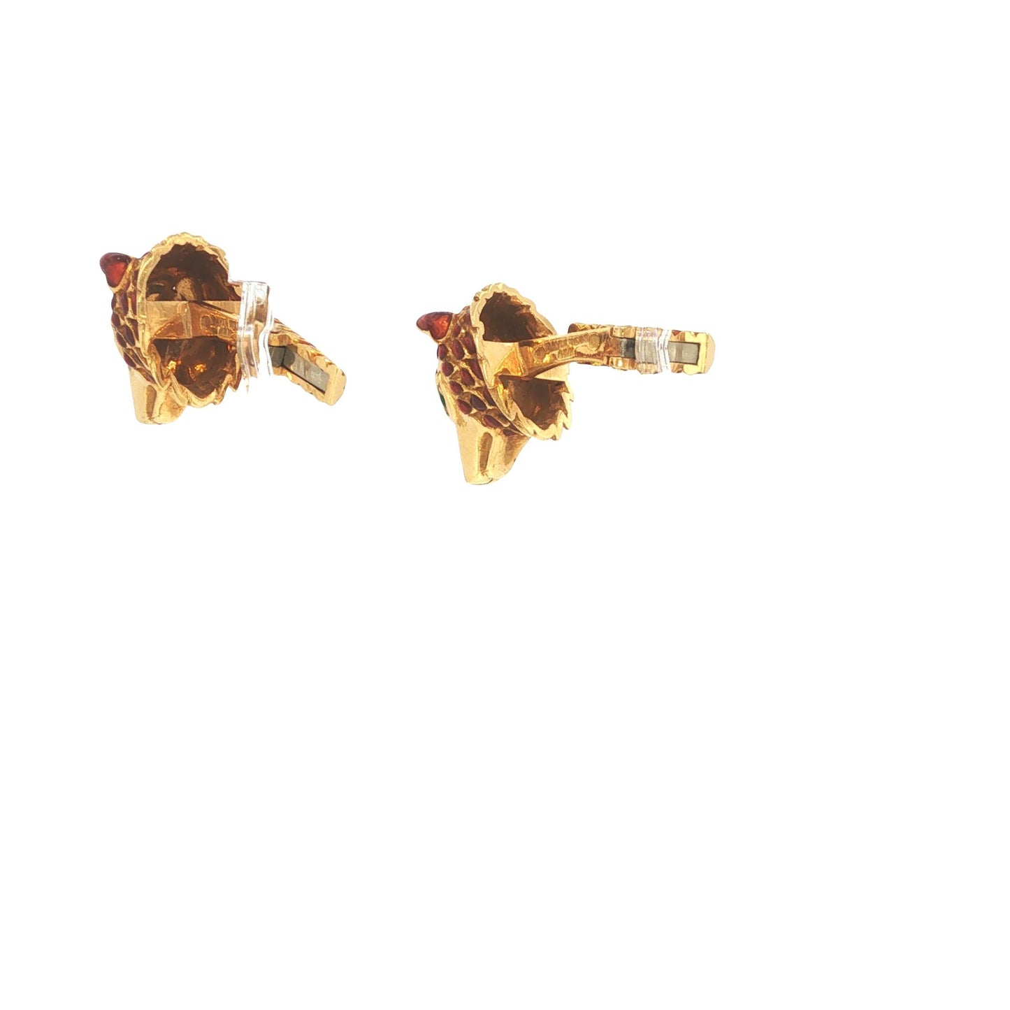 David Webb 18K Gold Red Enamel Wolf Head Cufflinks