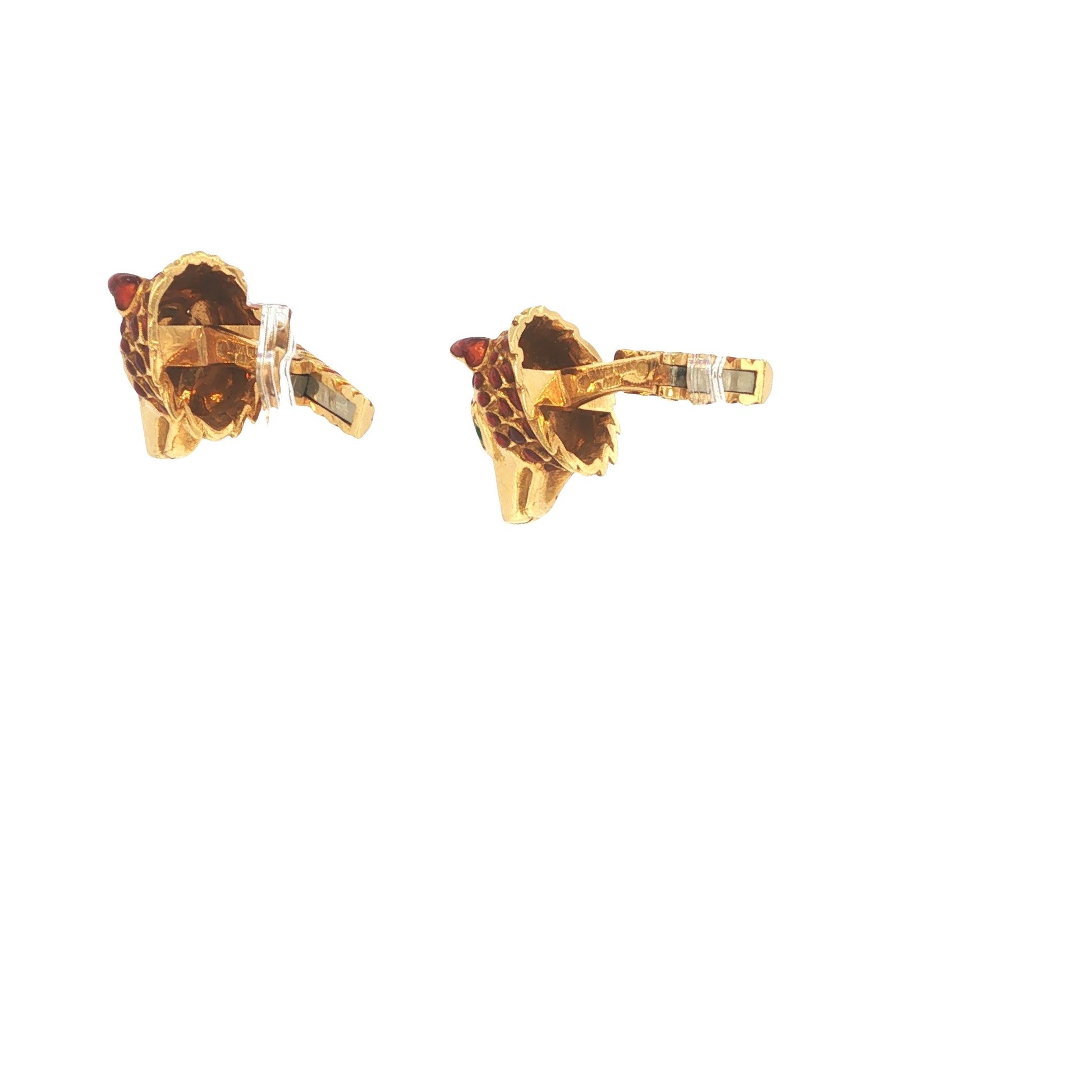 David Webb 18K Gold Red Enamel Wolf Head Cufflinks