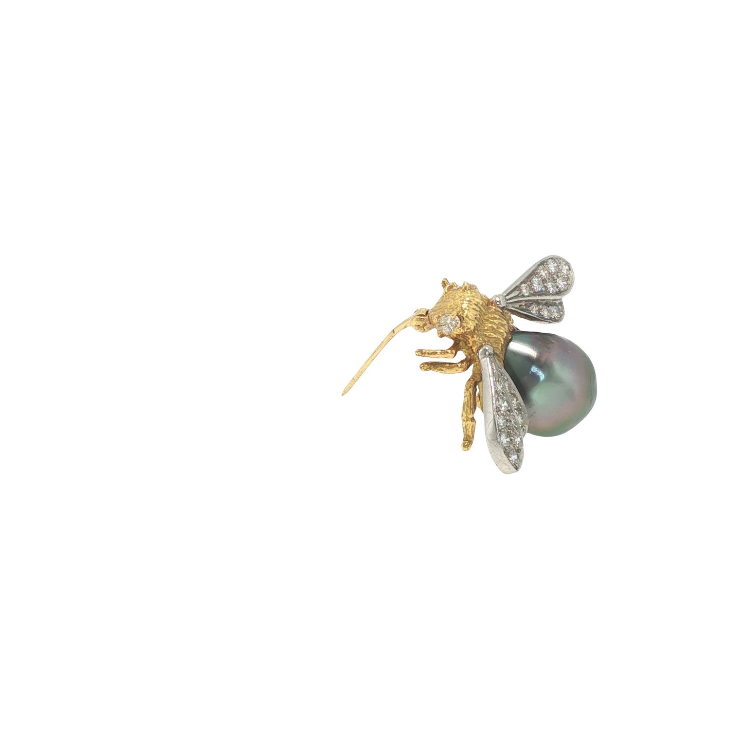 18K Gold, Platinum, Diamond & Tahitian Pearl Winged Insect Brooc