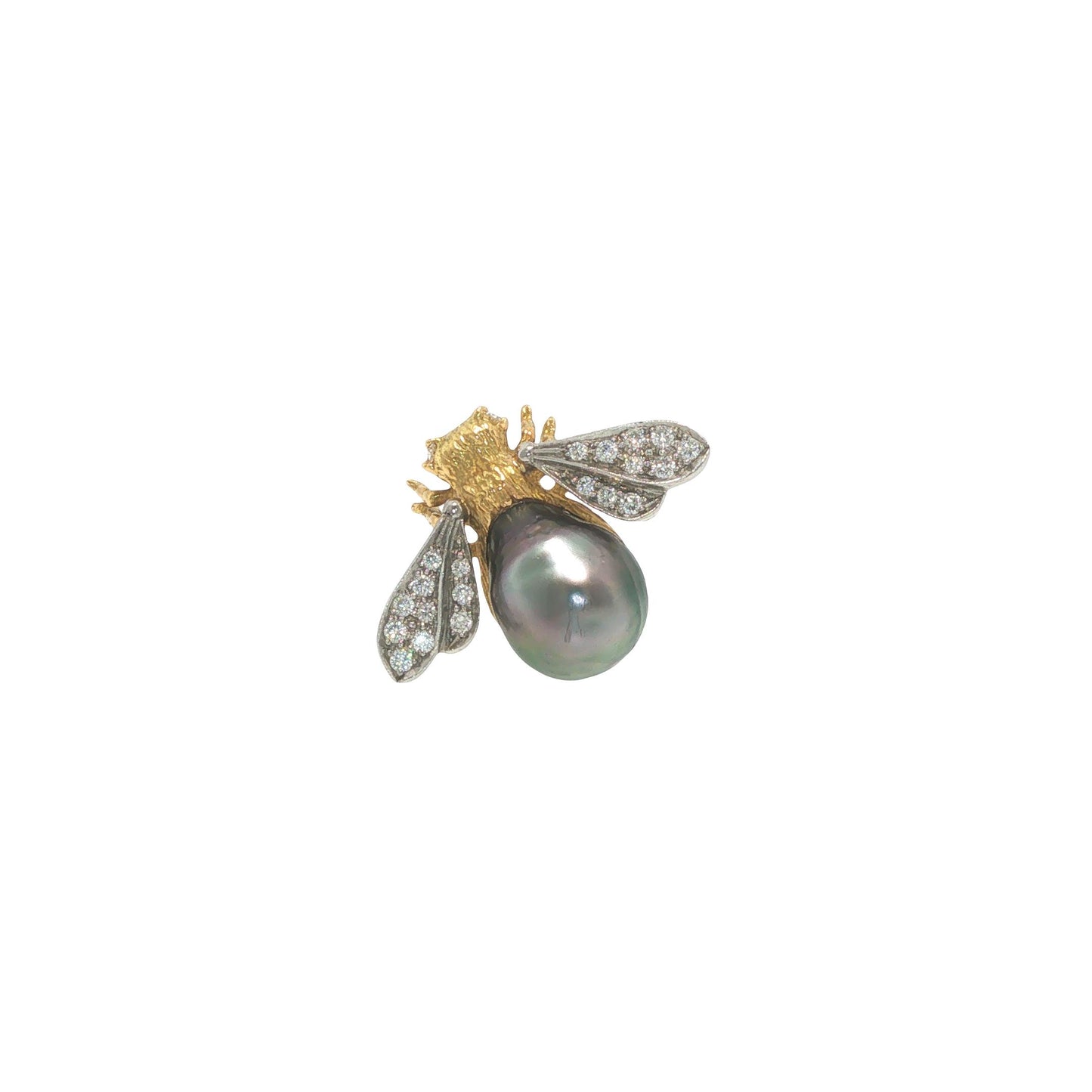18K Gold, Platinum, Diamond & Tahitian Pearl Winged Insect Brooc