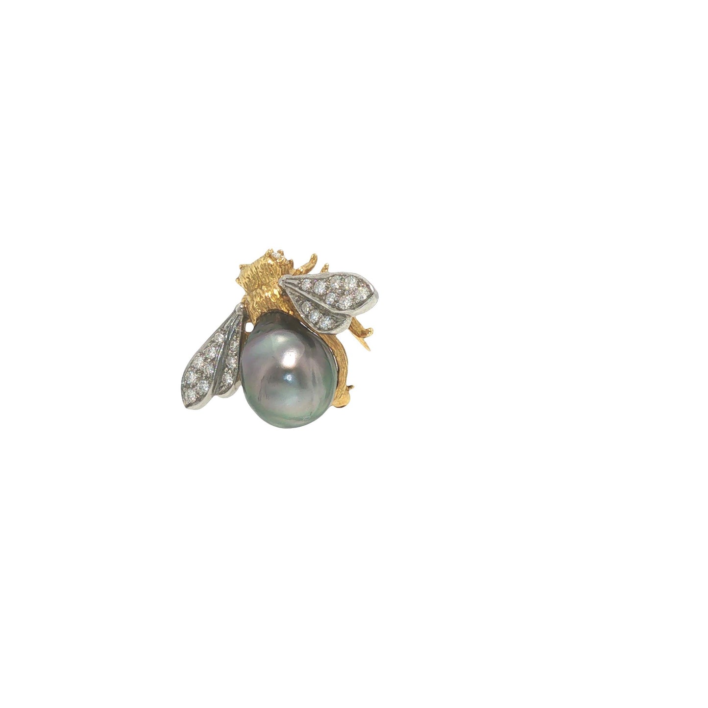 18K Gold, Platinum, Diamond & Tahitian Pearl Winged Insect Brooc