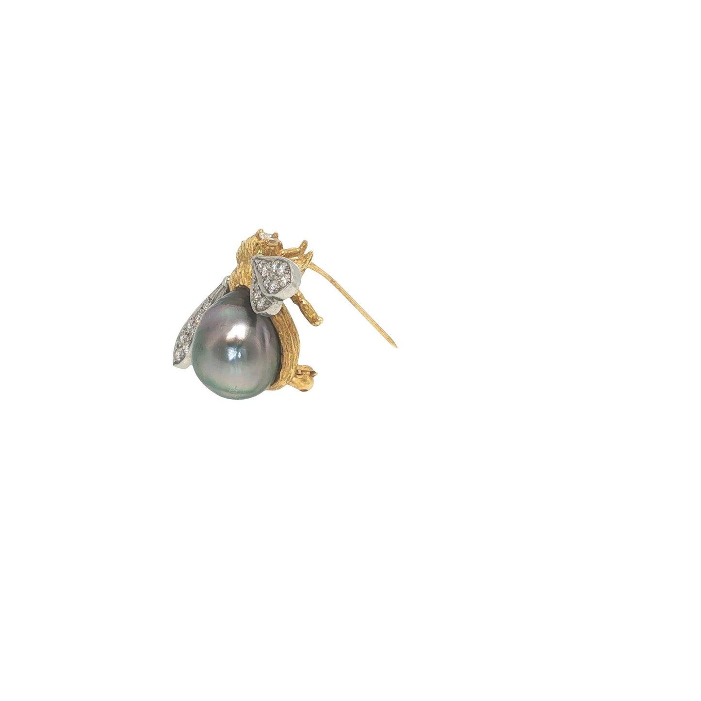 18K Gold, Platinum, Diamond & Tahitian Pearl Winged Insect Brooc