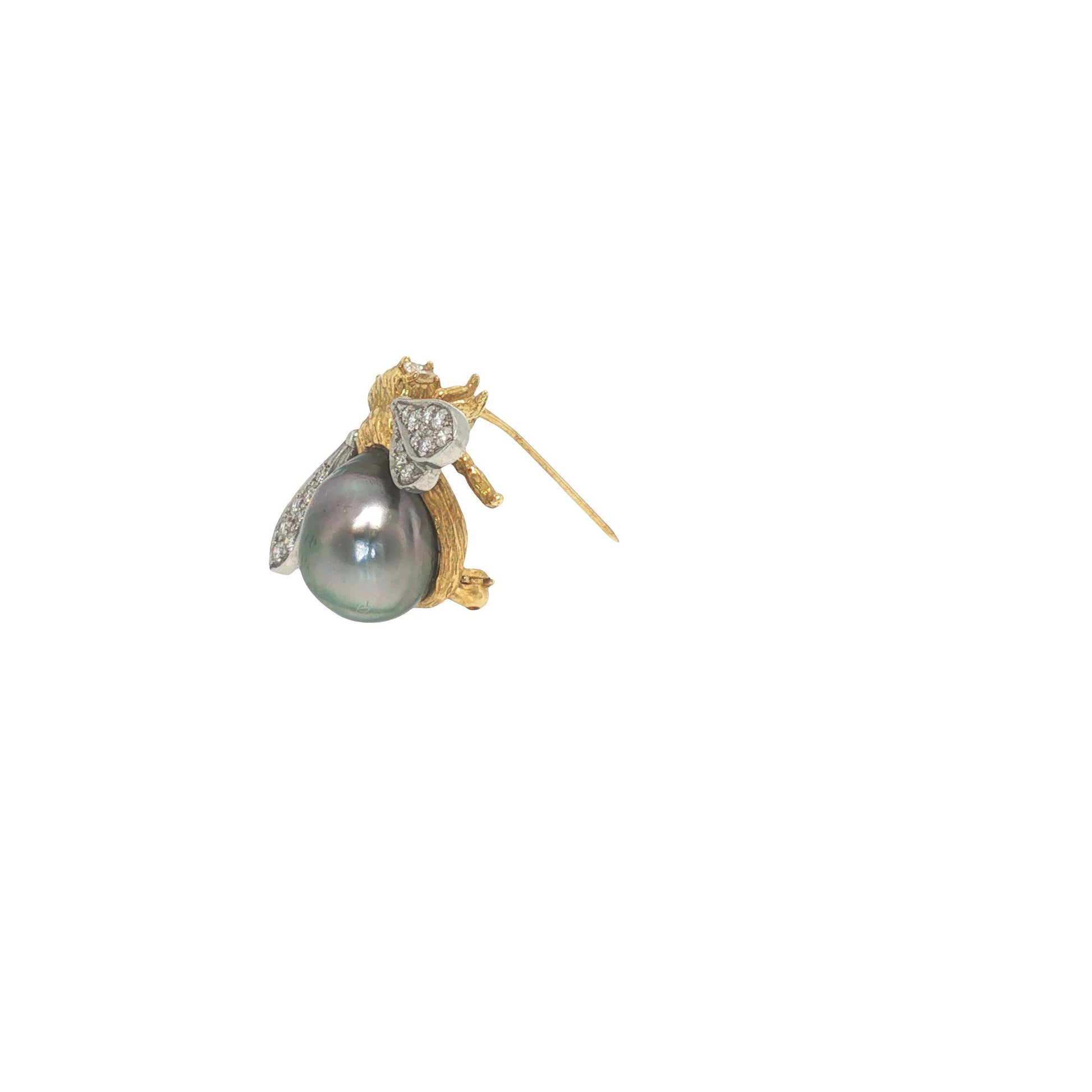 18K Gold, Platinum, Diamond & Tahitian Pearl Winged Insect Brooc