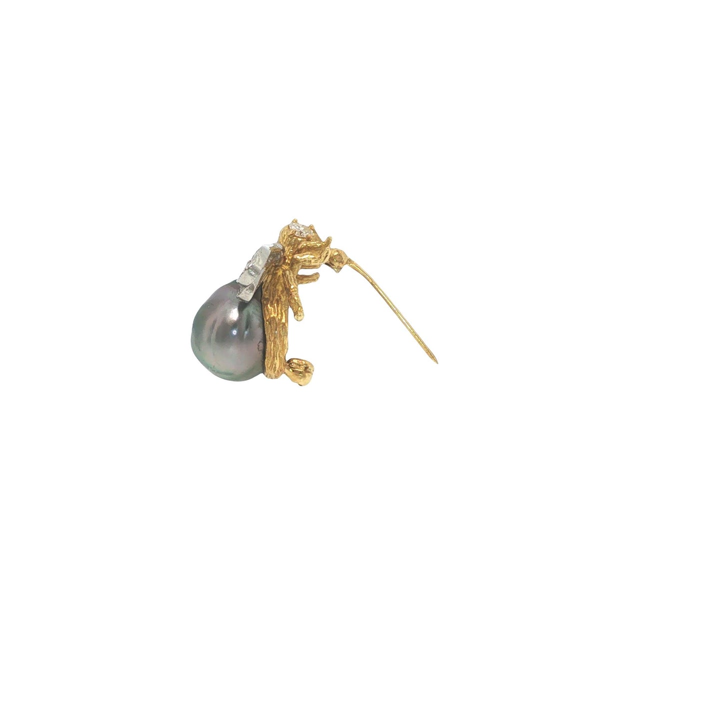 18K Gold, Platinum, Diamond & Tahitian Pearl Winged Insect Brooc