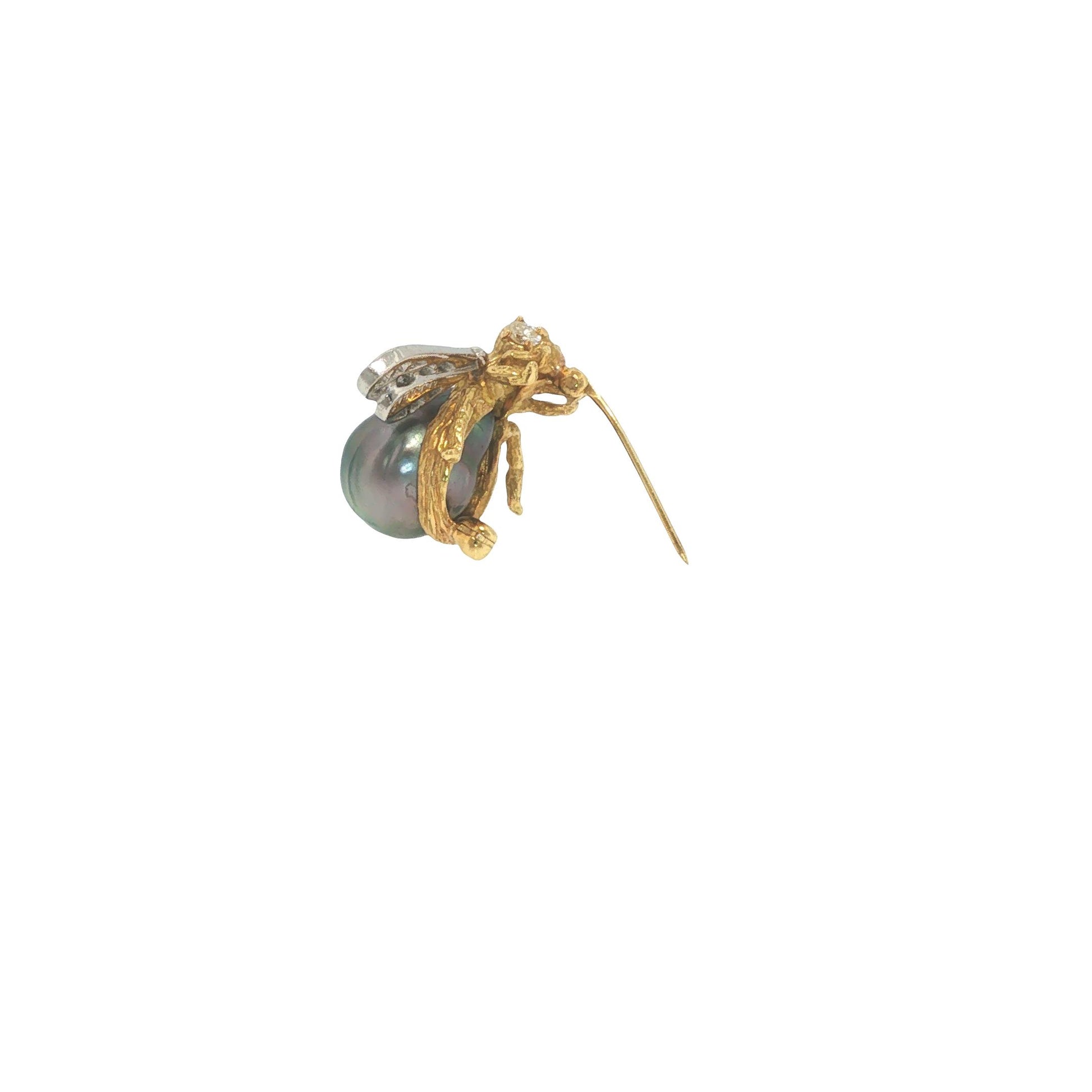 18K Gold, Platinum, Diamond & Tahitian Pearl Winged Insect Brooc