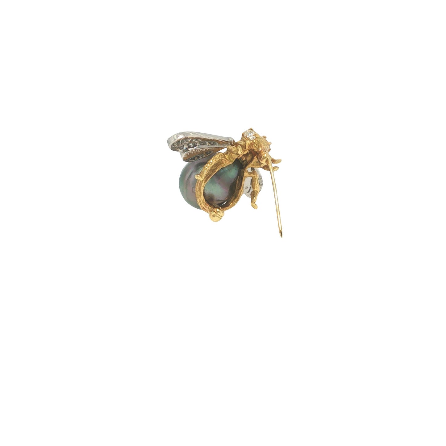 18K Gold, Platinum, Diamond & Tahitian Pearl Winged Insect Brooc