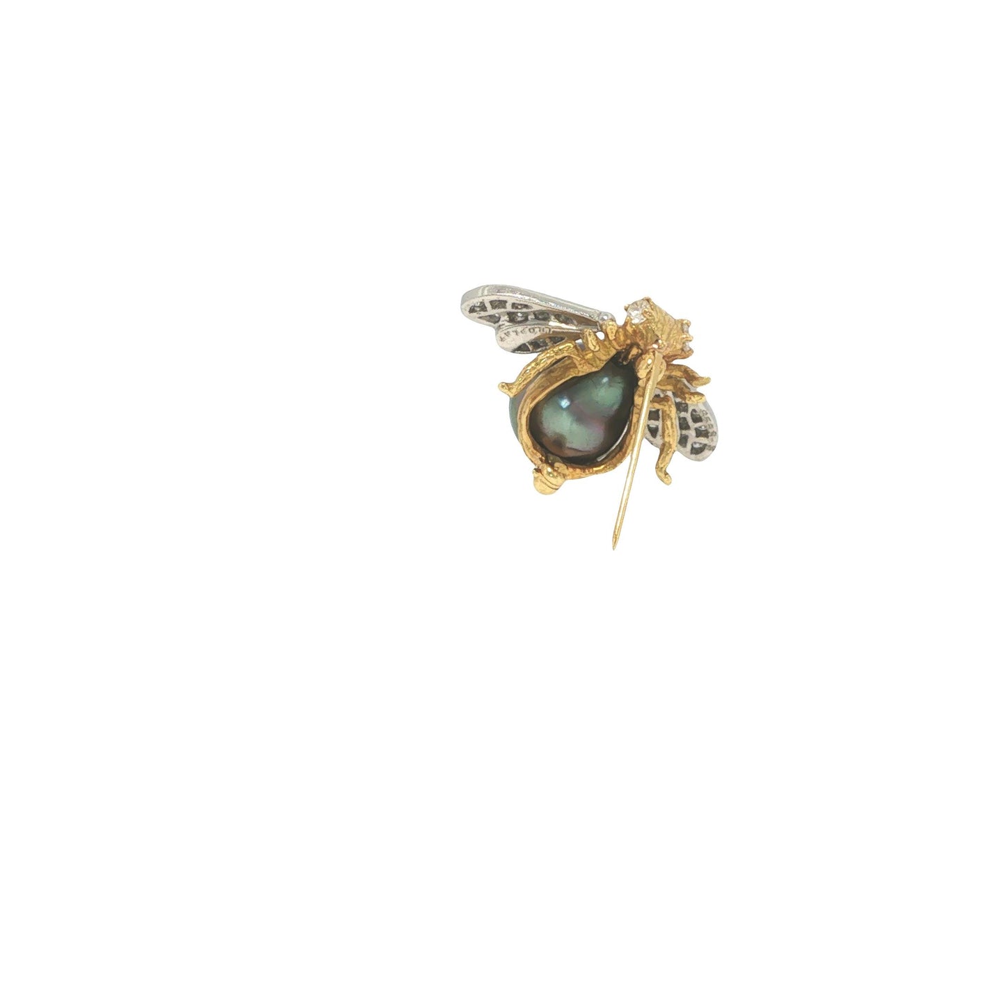 18K Gold, Platinum, Diamond & Tahitian Pearl Winged Insect Brooc