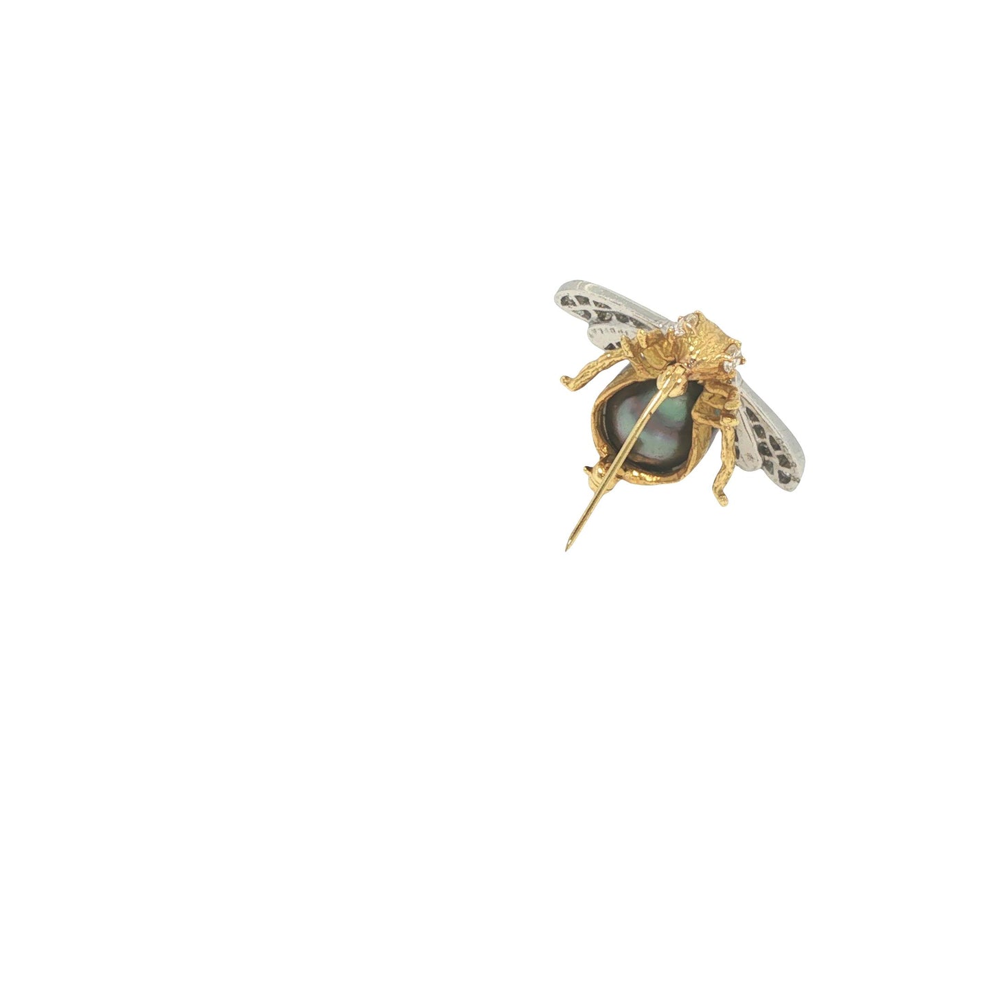 18K Gold, Platinum, Diamond & Tahitian Pearl Winged Insect Brooc