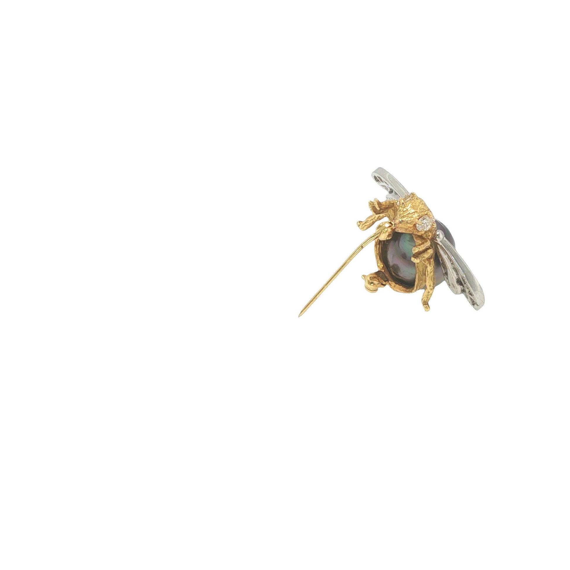 18K Gold, Platinum, Diamond & Tahitian Pearl Winged Insect Brooc