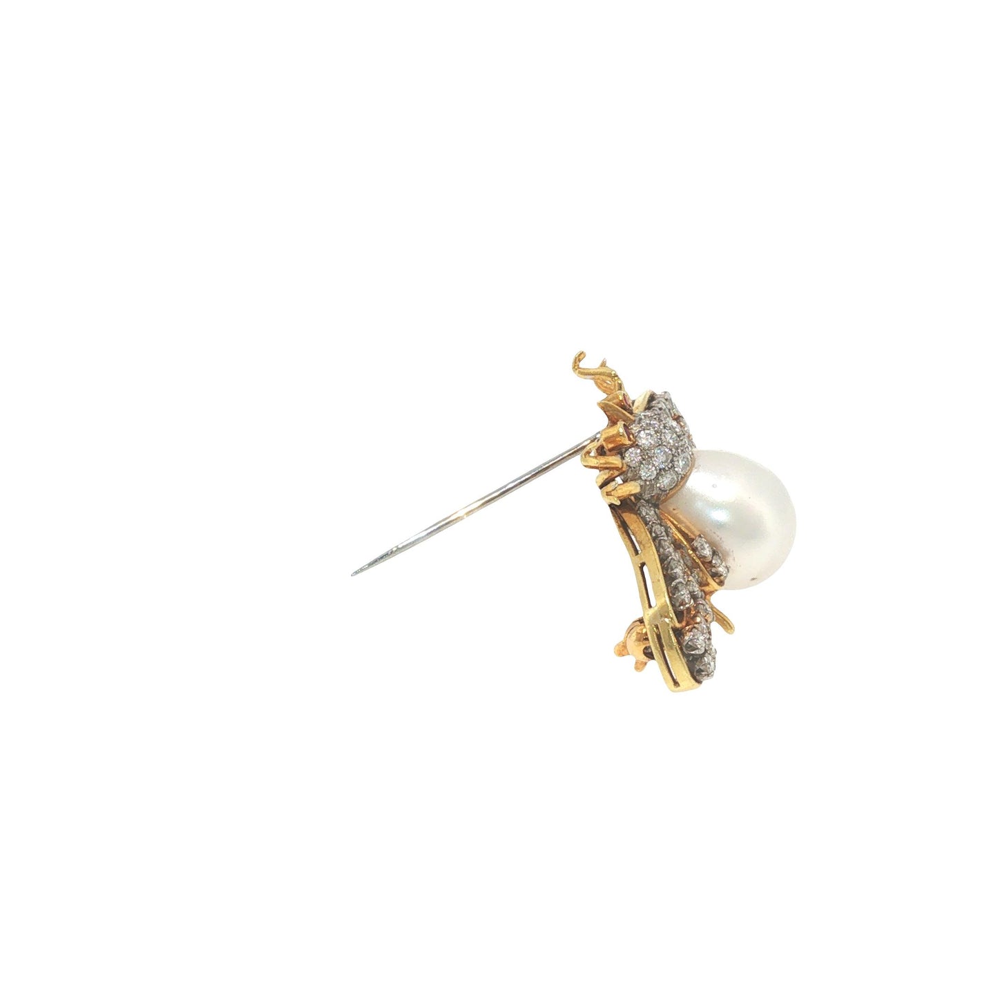 18K Gold 1.32 Carat Diamond, Pearl & Ruby Winged Insect Brooch