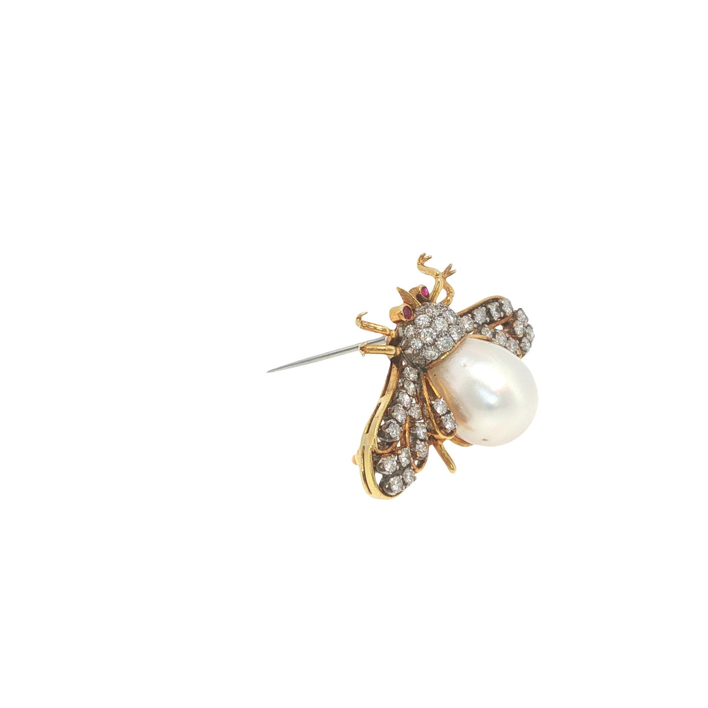 18K Gold 1.32 Carat Diamond, Pearl & Ruby Winged Insect Brooch