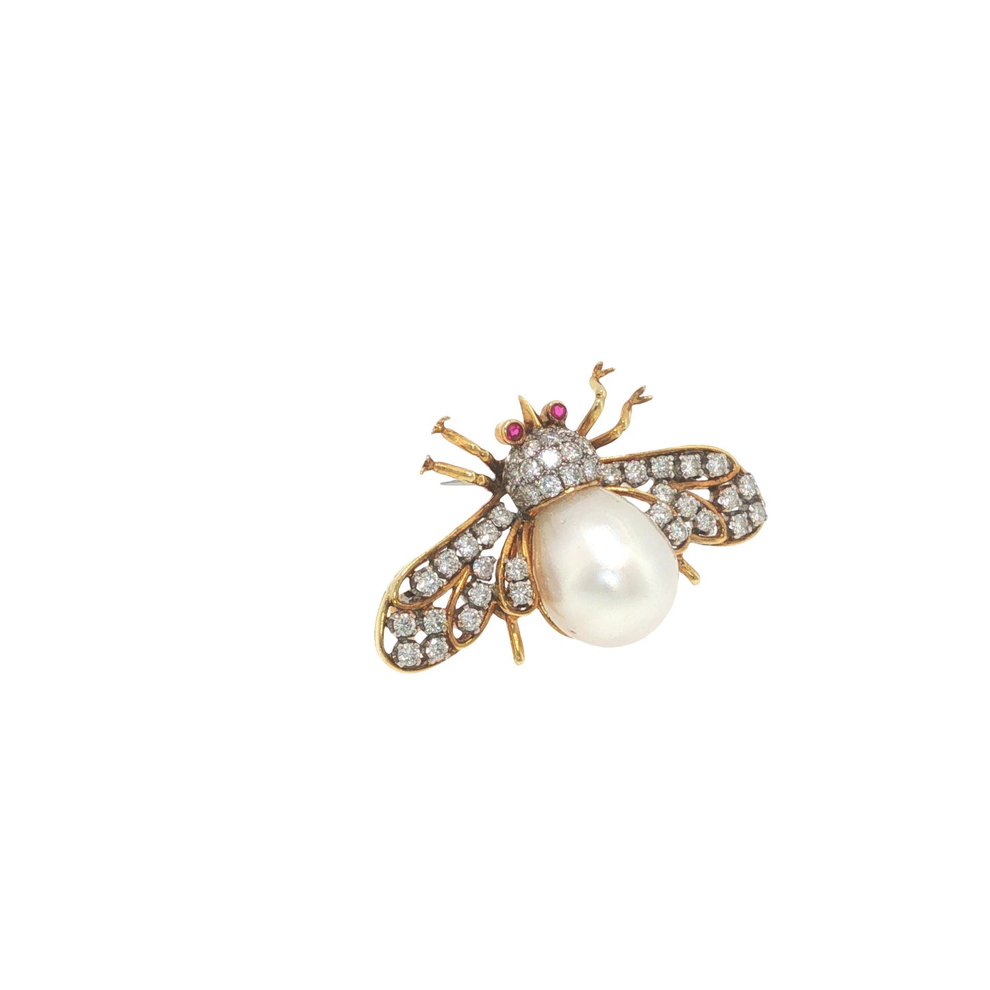 18K Gold 1.32 Carat Diamond, Pearl & Ruby Winged Insect Brooch