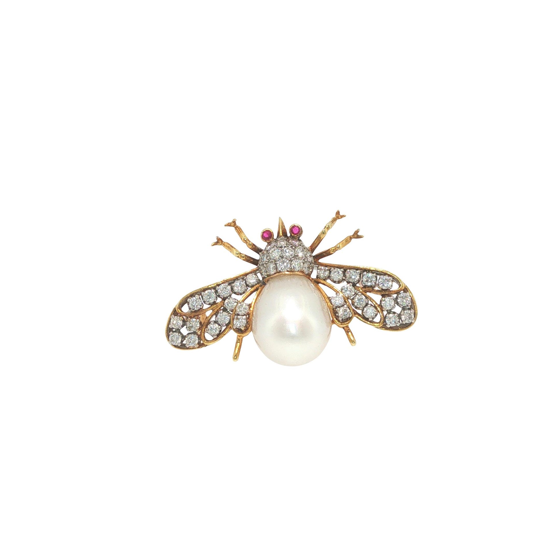 18K Gold 1.32 Carat Diamond, Pearl & Ruby Winged Insect Brooch