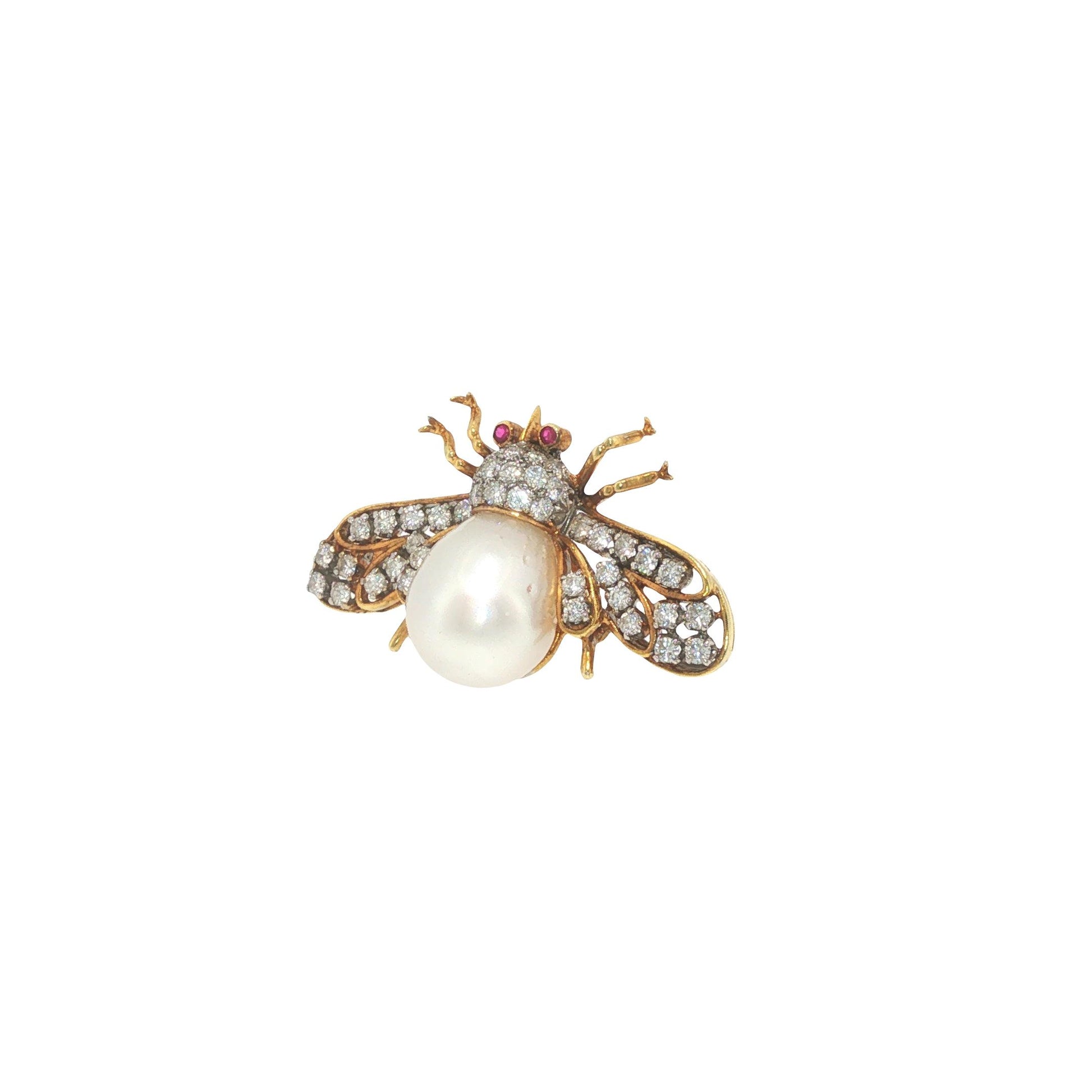 18K Gold 1.32 Carat Diamond, Pearl & Ruby Winged Insect Brooch