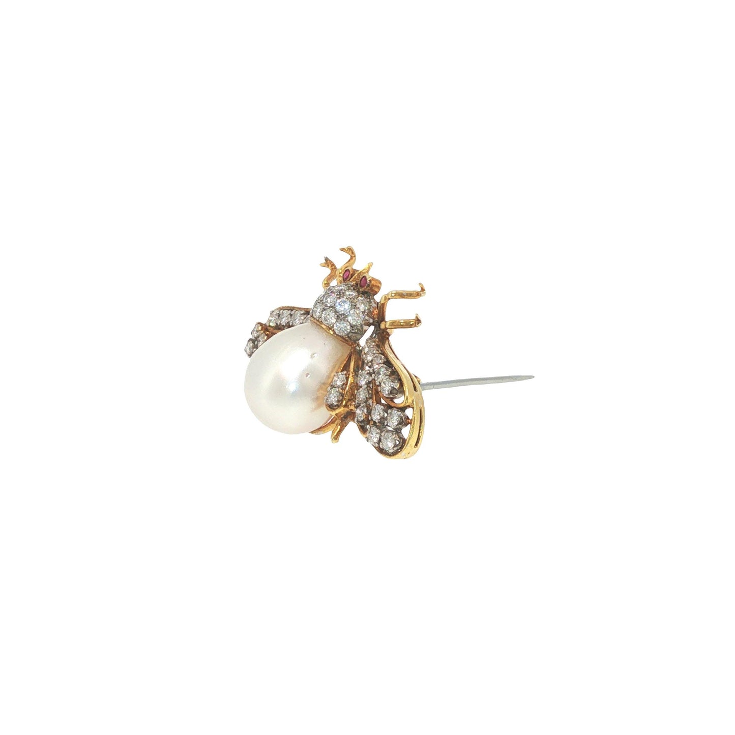 18K Gold 1.32 Carat Diamond, Pearl & Ruby Winged Insect Brooch