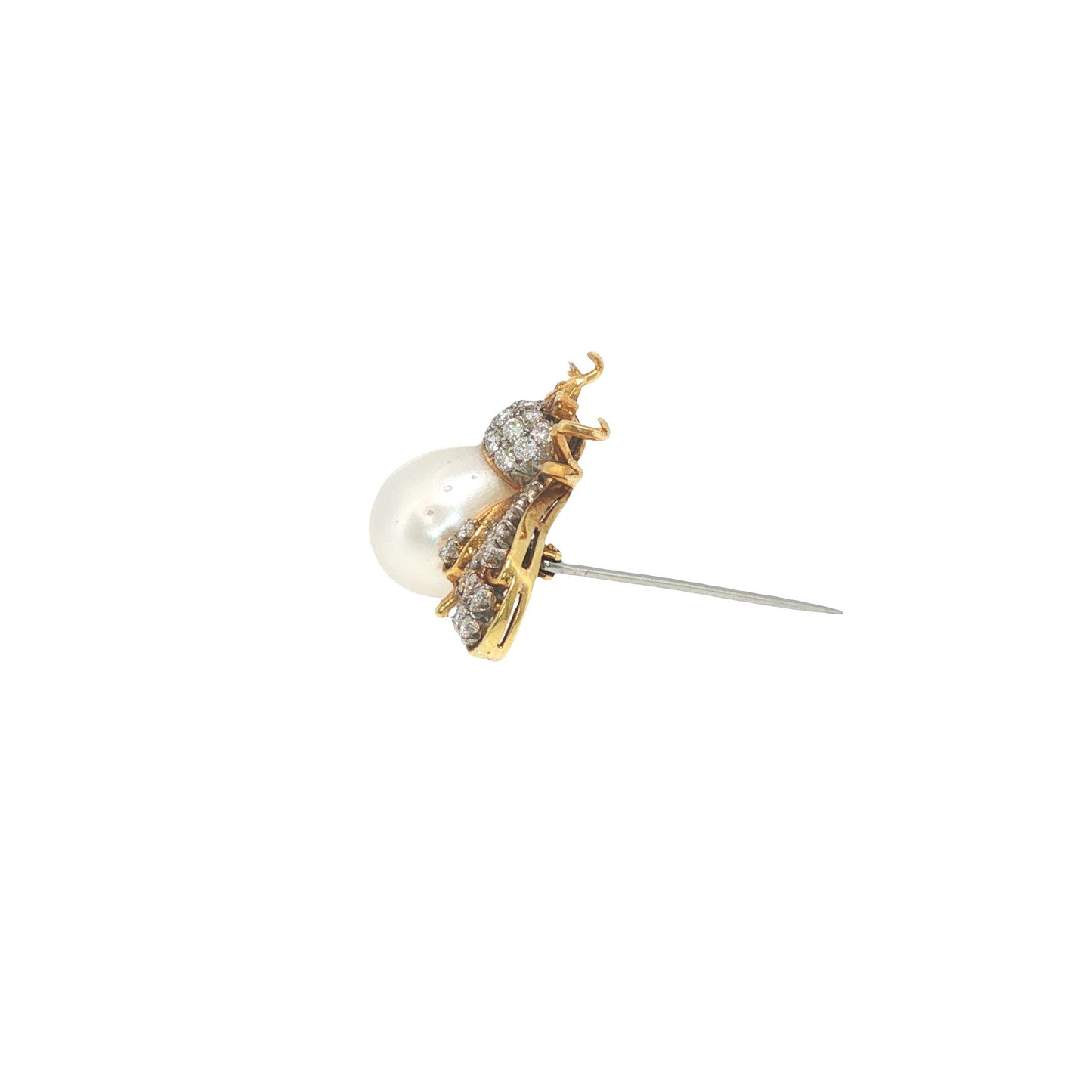 18K Gold 1.32 Carat Diamond, Pearl & Ruby Winged Insect Brooch