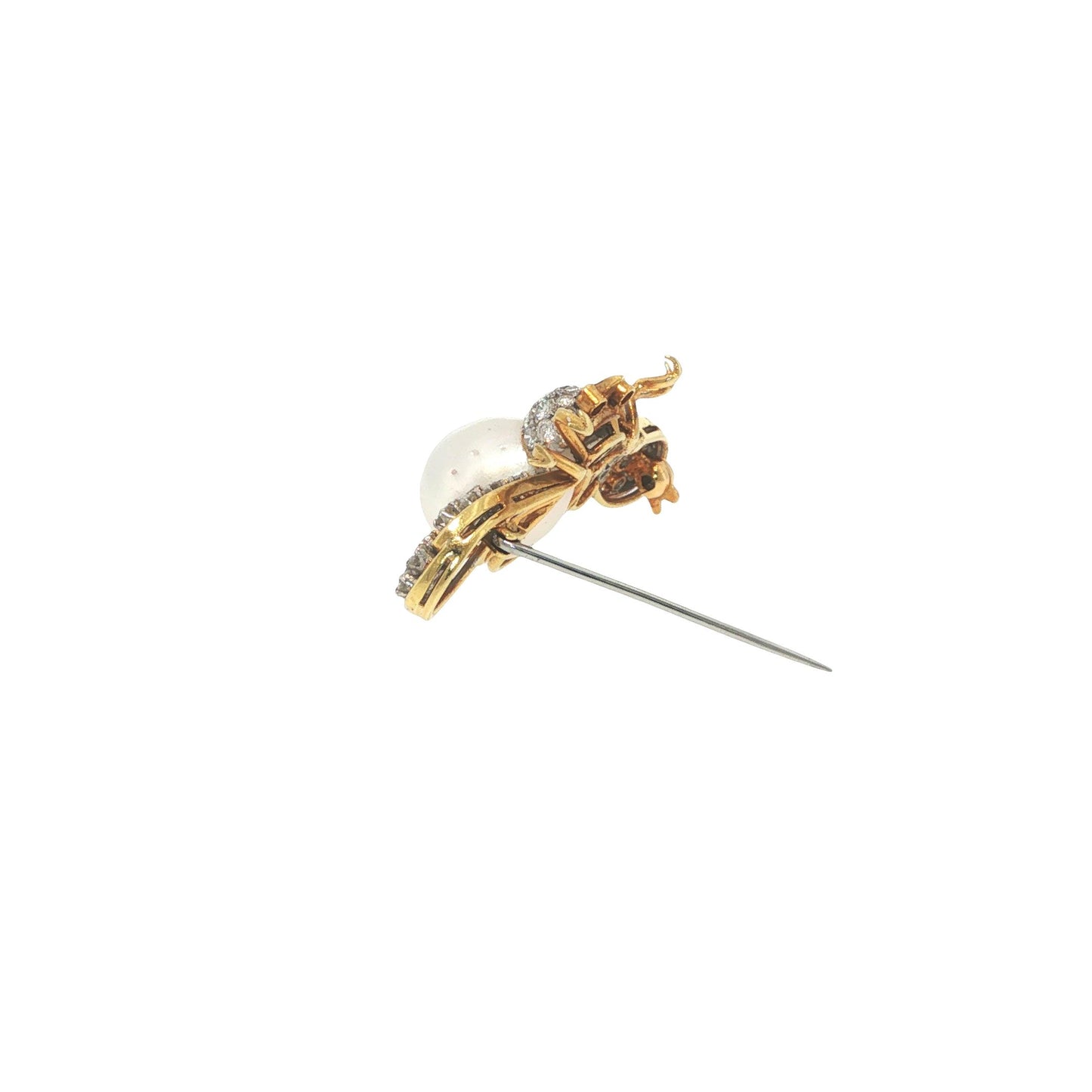 18K Gold 1.32 Carat Diamond, Pearl & Ruby Winged Insect Brooch