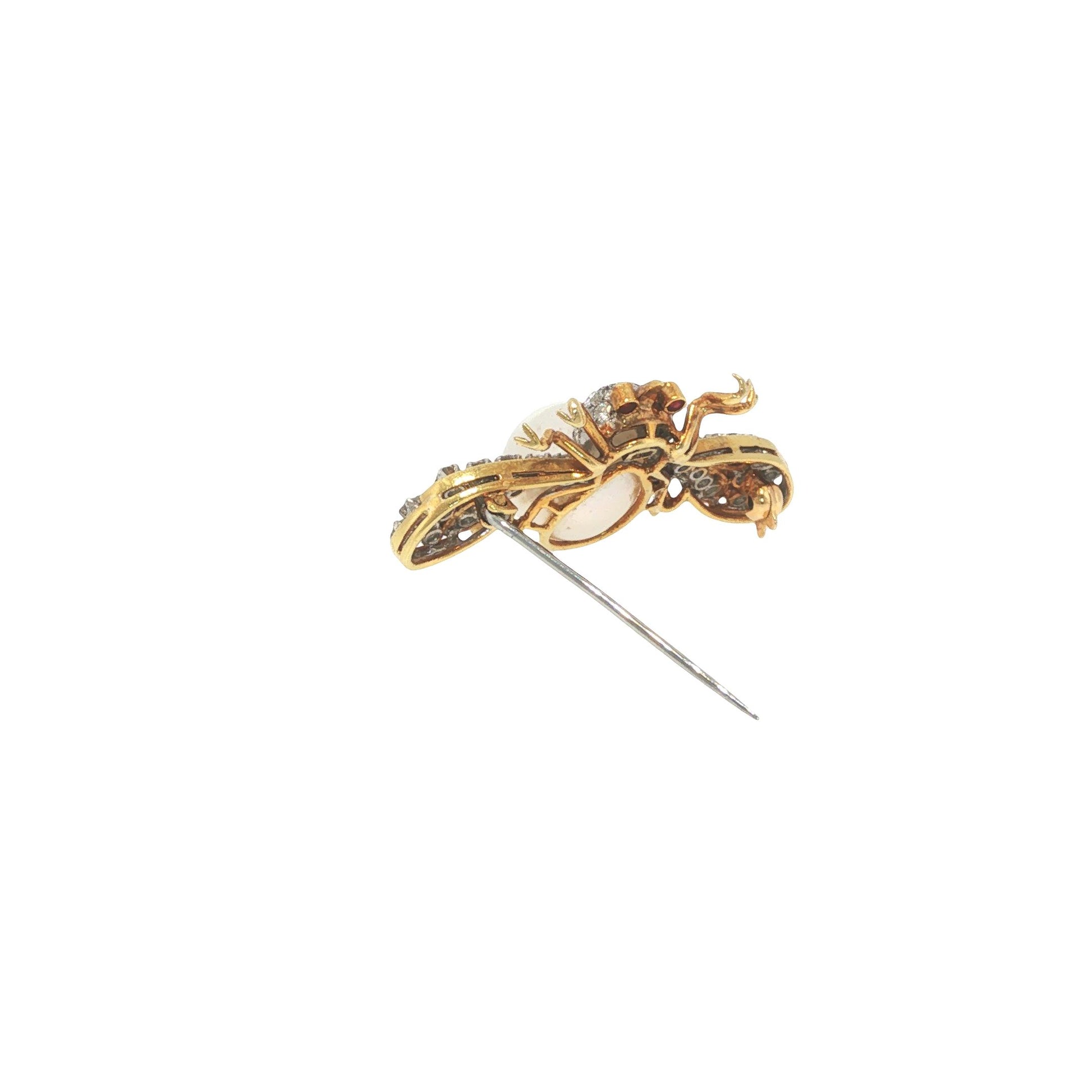 18K Gold 1.32 Carat Diamond, Pearl & Ruby Winged Insect Brooch