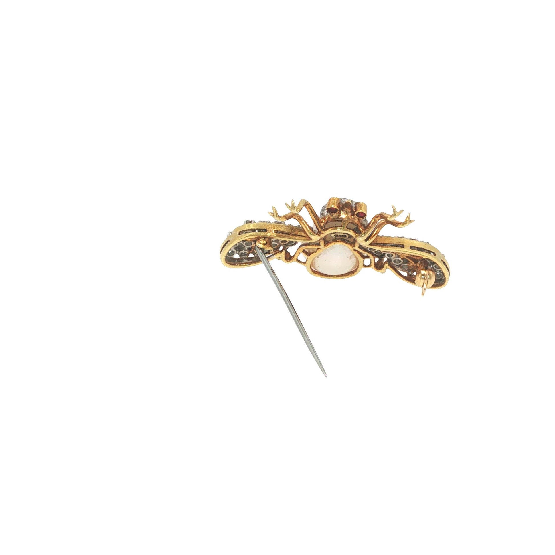 18K Gold 1.32 Carat Diamond, Pearl & Ruby Winged Insect Brooch