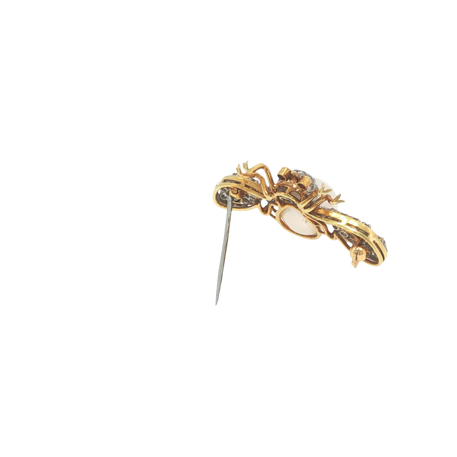 18K Gold 1.32 Carat Diamond, Pearl & Ruby Winged Insect Brooch