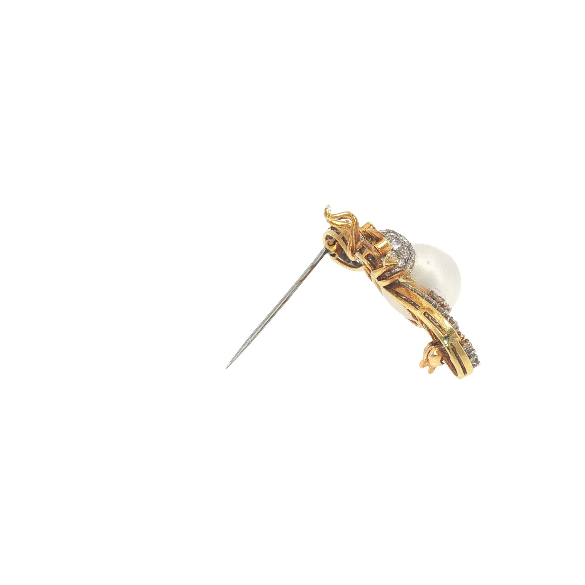 18K Gold 1.32 Carat Diamond, Pearl & Ruby Winged Insect Brooch