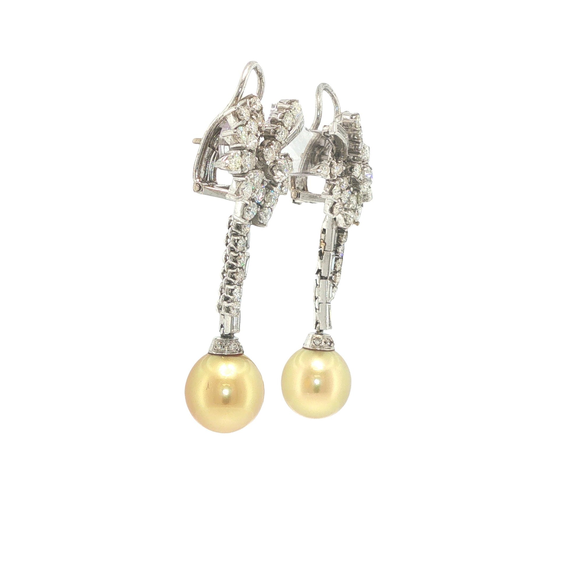 Platinum Golden Pearl and Diamond Floral Drop Earrings
