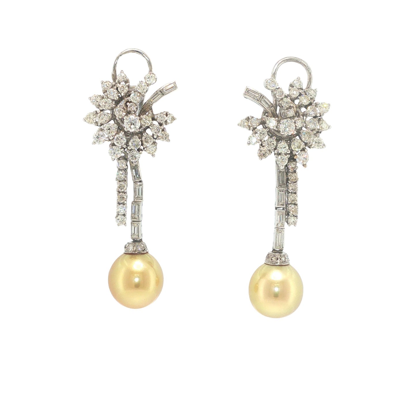 Platinum Golden Pearl and Diamond Floral Drop Earrings