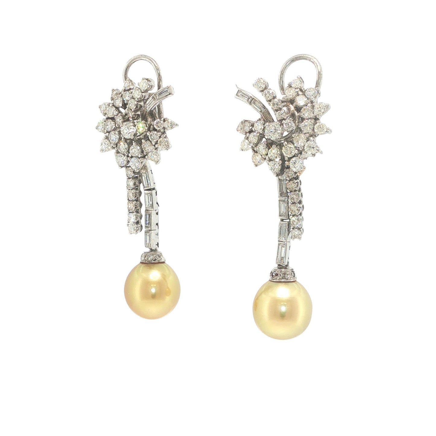 Platinum Golden Pearl and Diamond Floral Drop Earrings