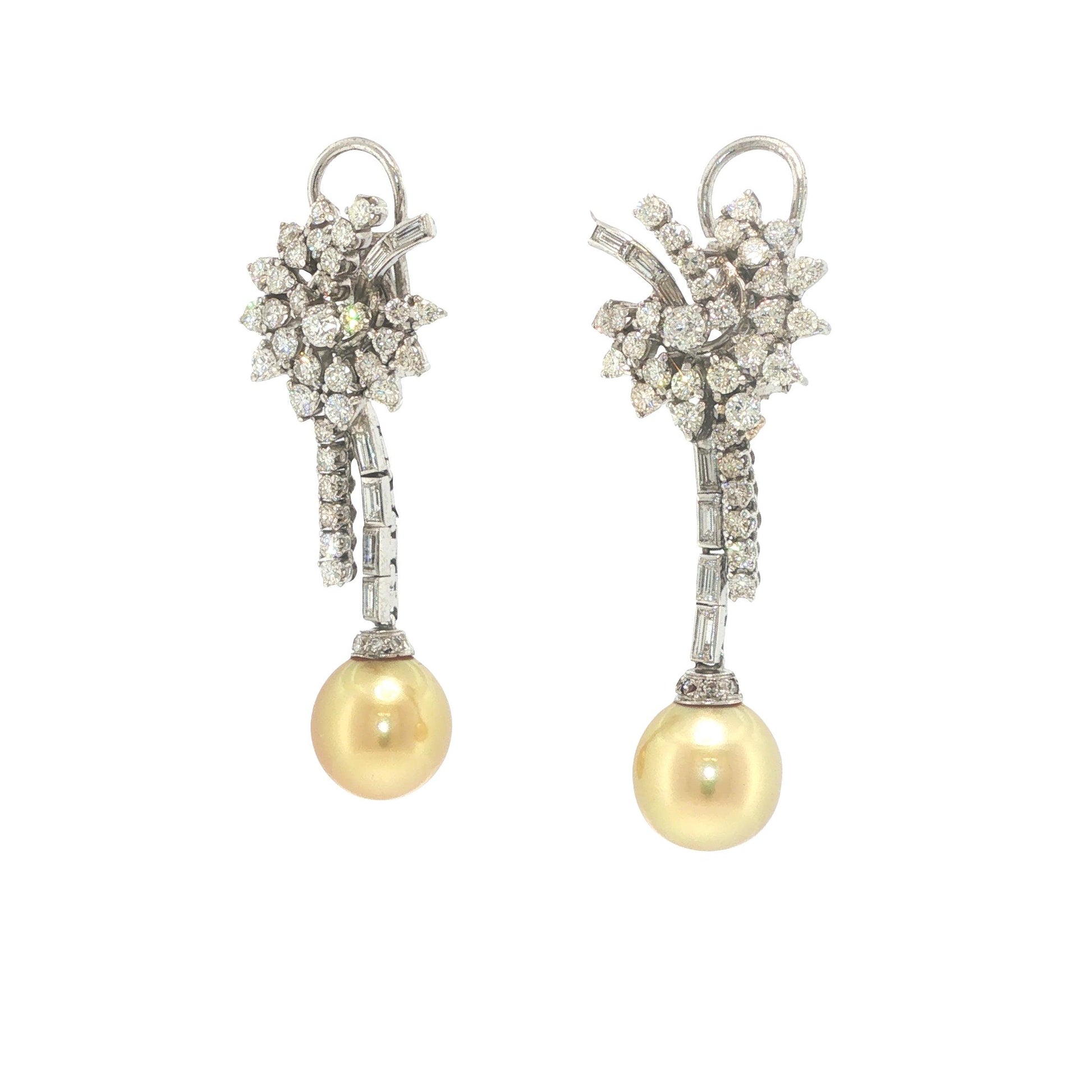 Platinum Golden Pearl and Diamond Floral Drop Earrings