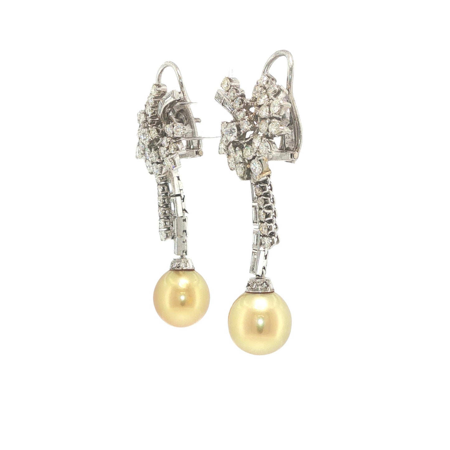 Platinum Golden Pearl and Diamond Floral Drop Earrings