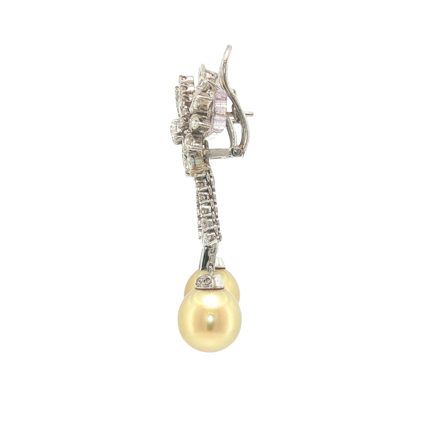 Platinum Golden Pearl and Diamond Floral Drop Earrings