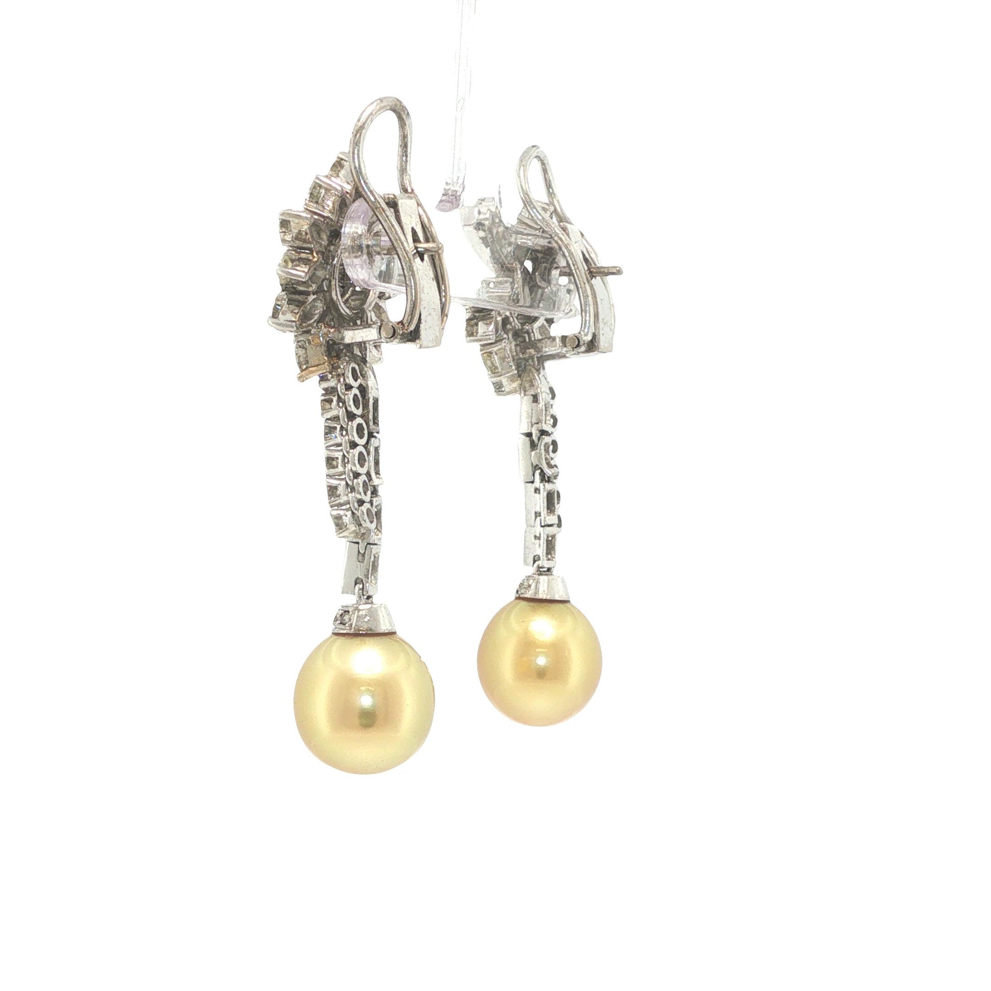 Platinum Golden Pearl and Diamond Floral Drop Earrings