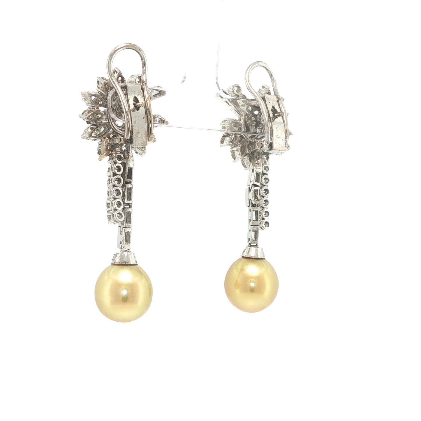 Platinum Golden Pearl and Diamond Floral Drop Earrings