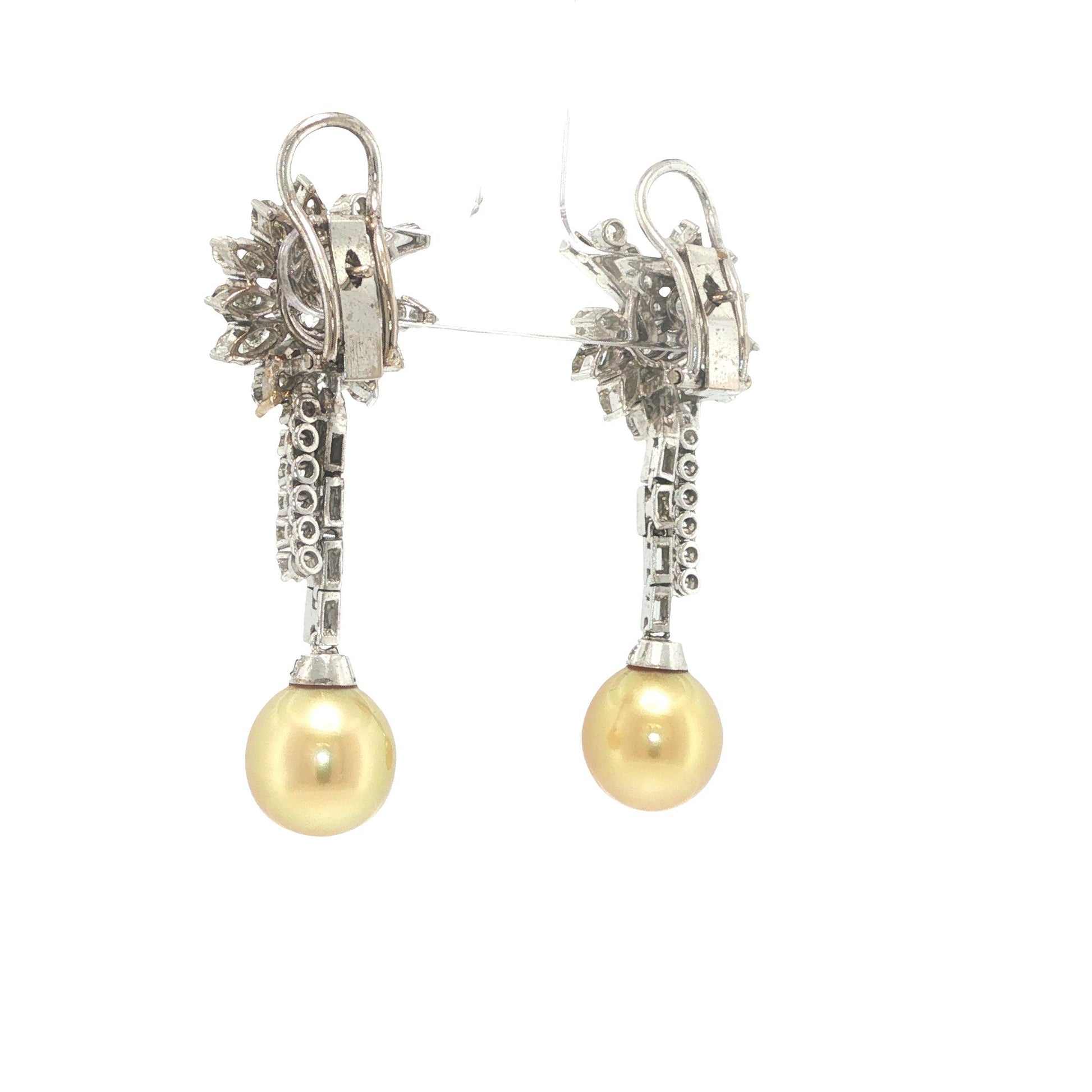 Platinum Golden Pearl and Diamond Floral Drop Earrings