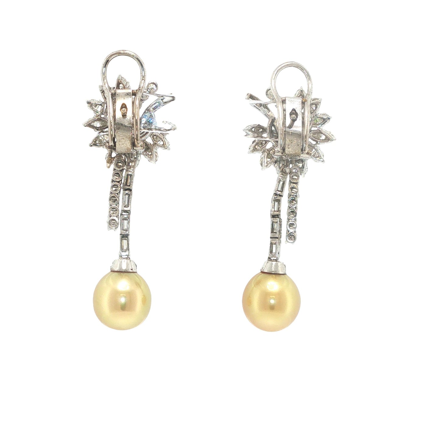 Platinum Golden Pearl and Diamond Floral Drop Earrings