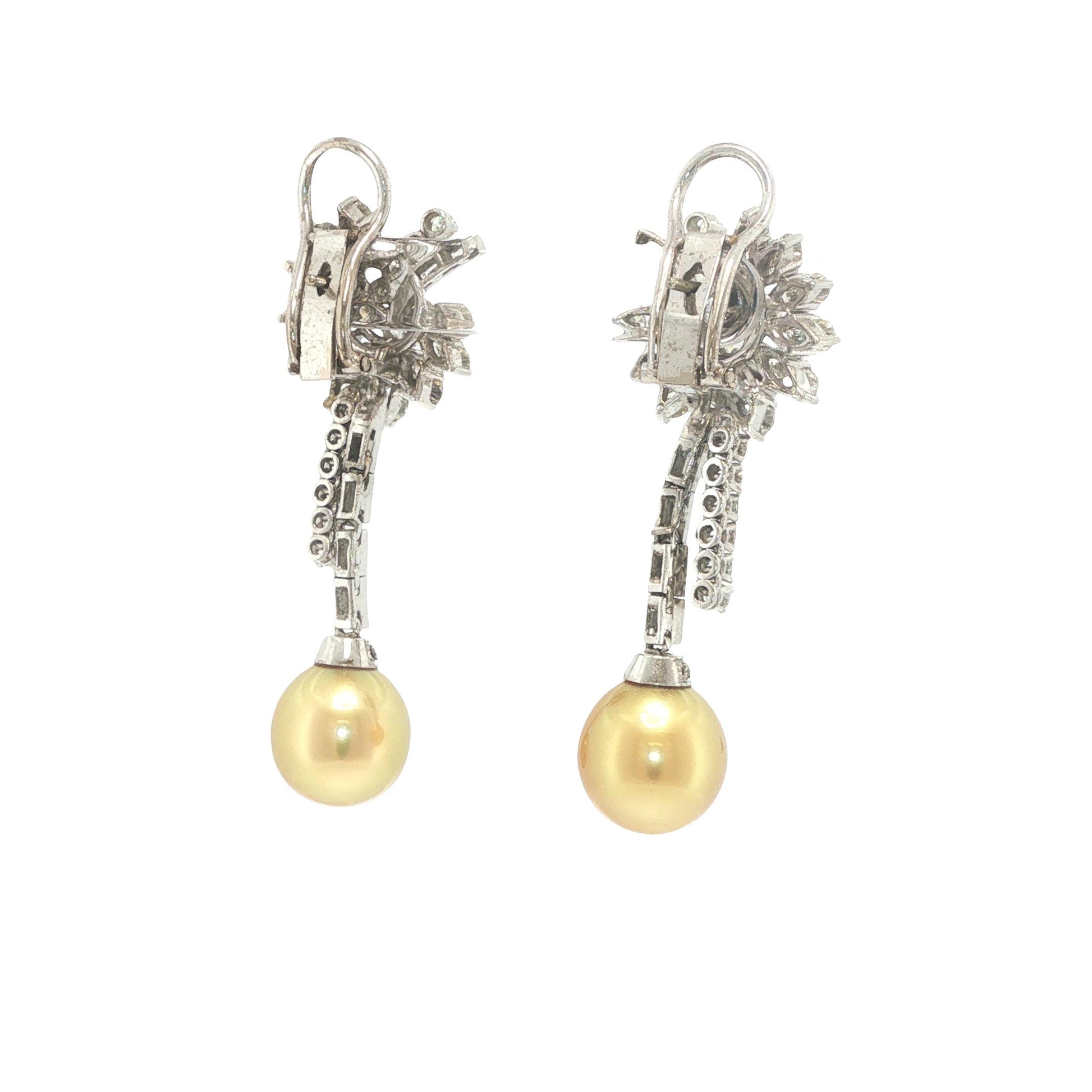 Platinum Golden Pearl and Diamond Floral Drop Earrings