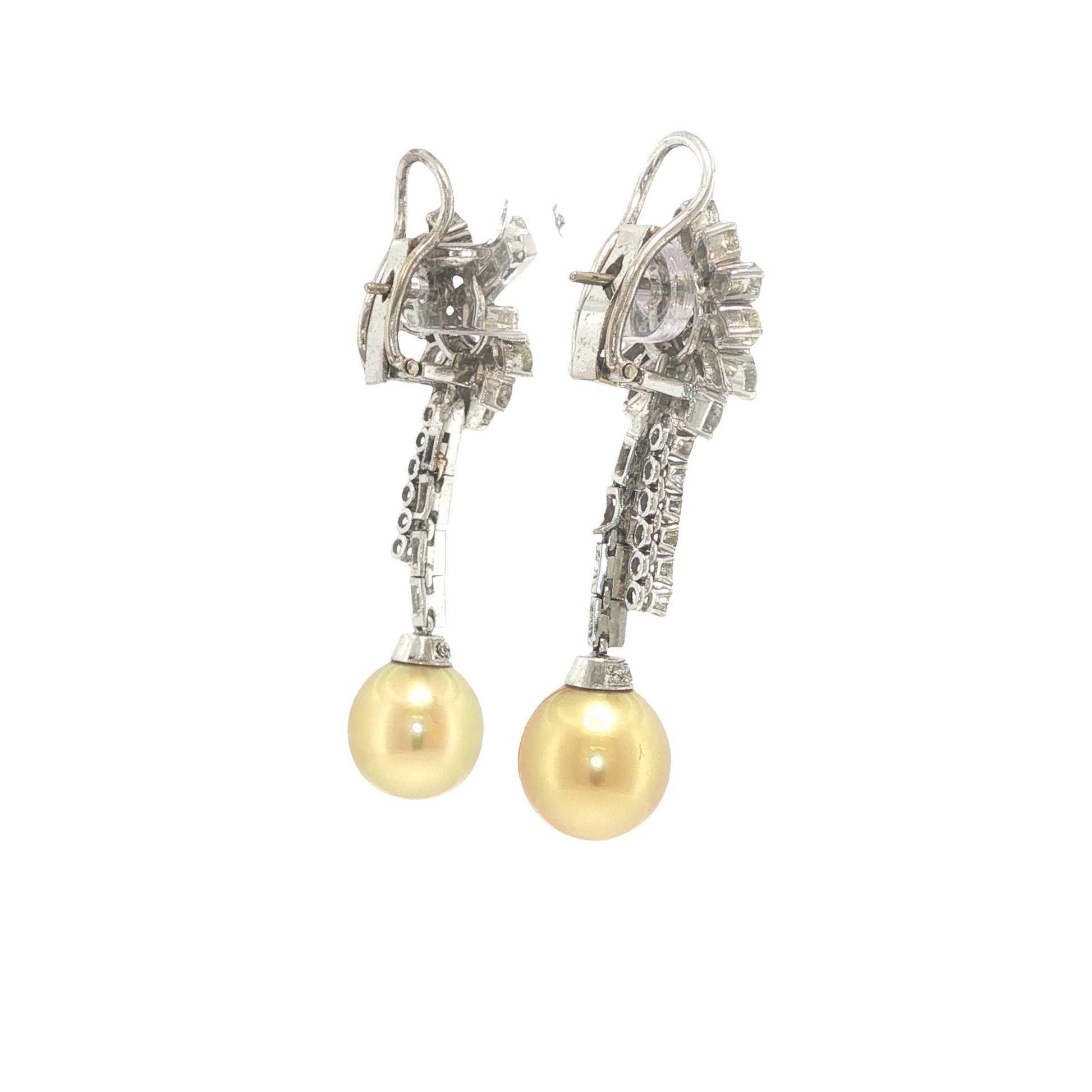 Platinum Golden Pearl and Diamond Floral Drop Earrings