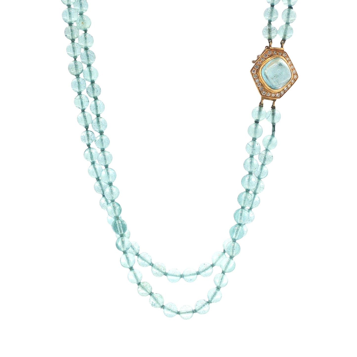 18K Gold Double-Strand Aquamarine Bead, Cabochon Aquamarine & Diamond Necklace