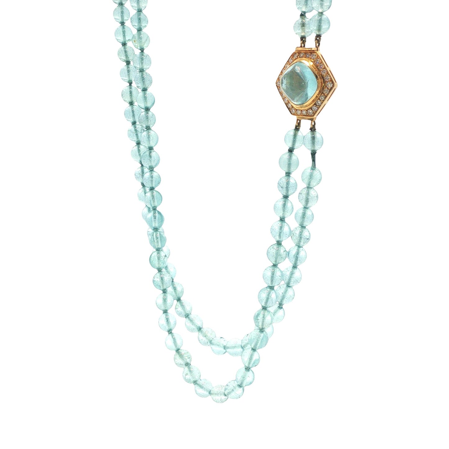 18K Gold Double-Strand Aquamarine Bead, Cabochon Aquamarine & Diamond Necklace