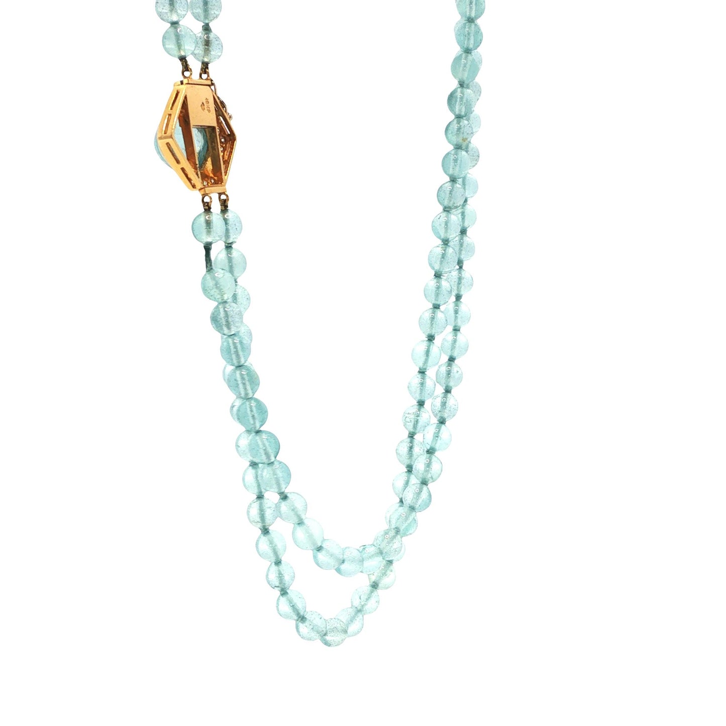 18K Gold Double-Strand Aquamarine Bead, Cabochon Aquamarine & Diamond Necklace