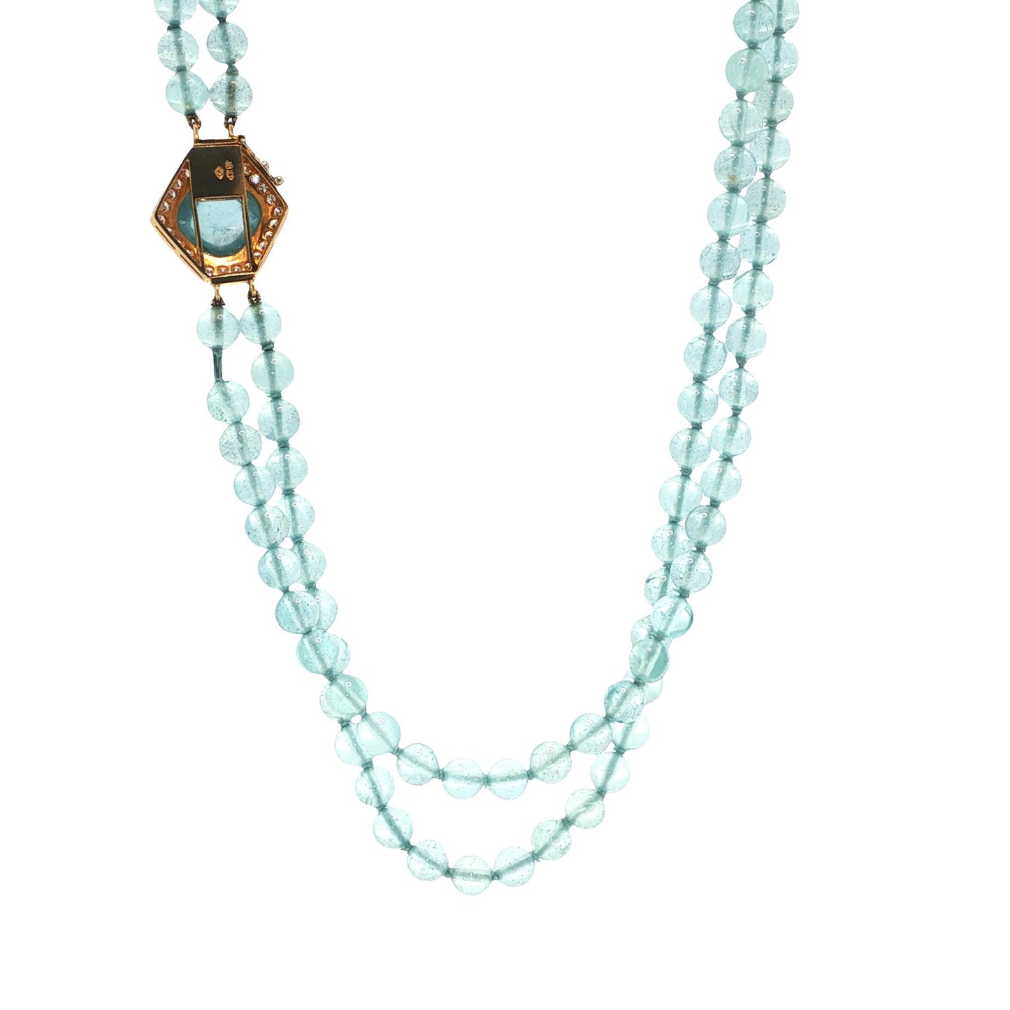 18K Gold Double-Strand Aquamarine Bead, Cabochon Aquamarine & Diamond Necklace