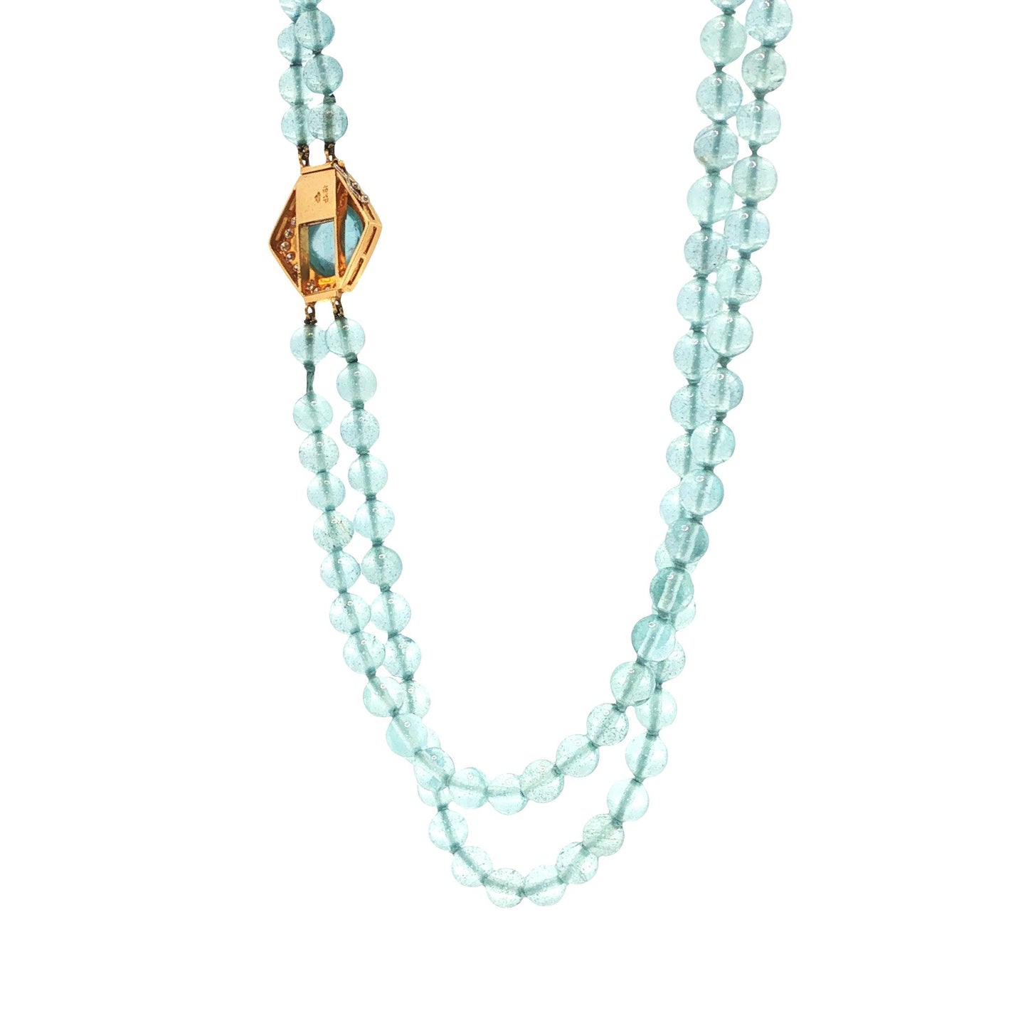 18K Gold Double-Strand Aquamarine Bead, Cabochon Aquamarine & Diamond Necklace