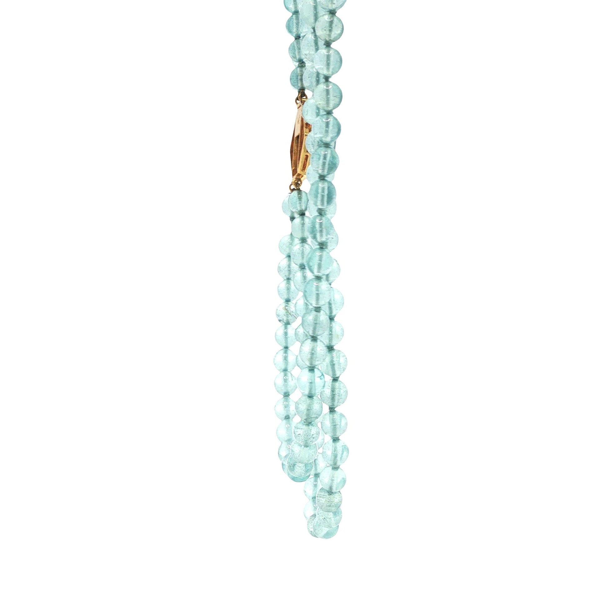 18K Gold Double-Strand Aquamarine Bead, Cabochon Aquamarine & Diamond Necklace