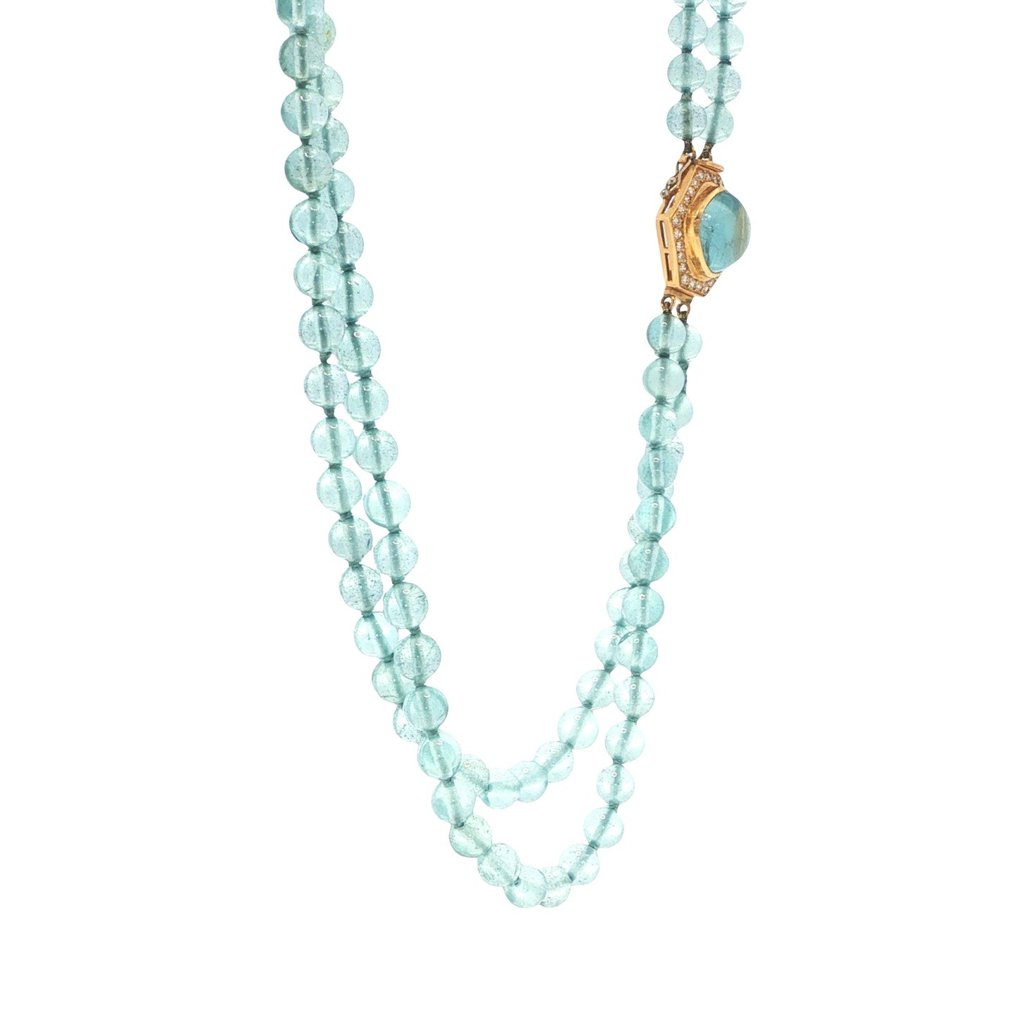 18K Gold Double-Strand Aquamarine Bead, Cabochon Aquamarine & Diamond Necklace