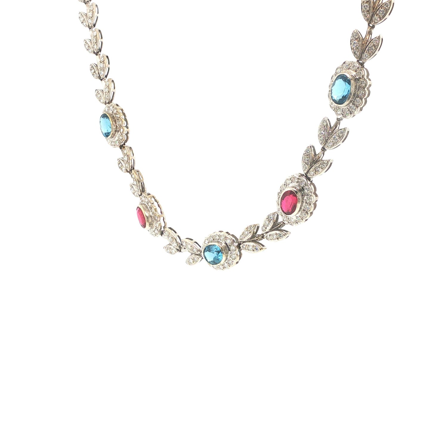Italian 18K White Gold Diamond, Multi Gemstone Foliate Necklace