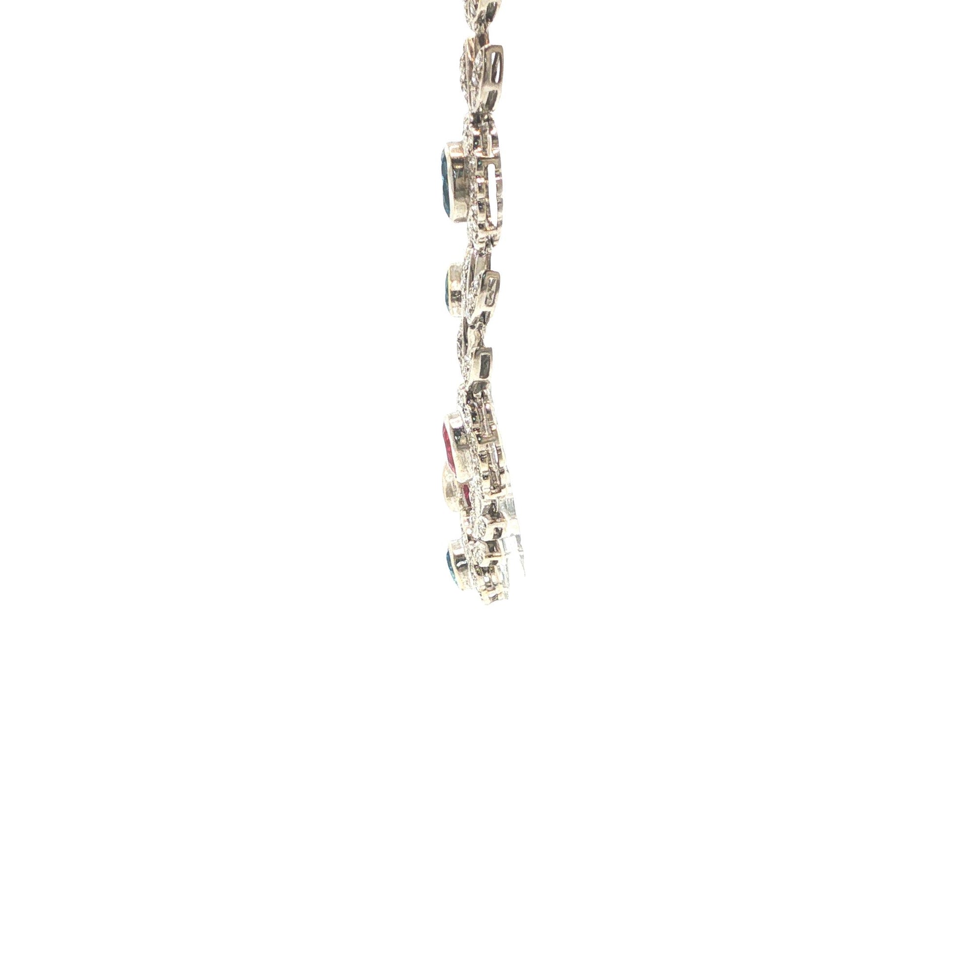 Italian 18K White Gold Diamond, Multi Gemstone Foliate Necklace