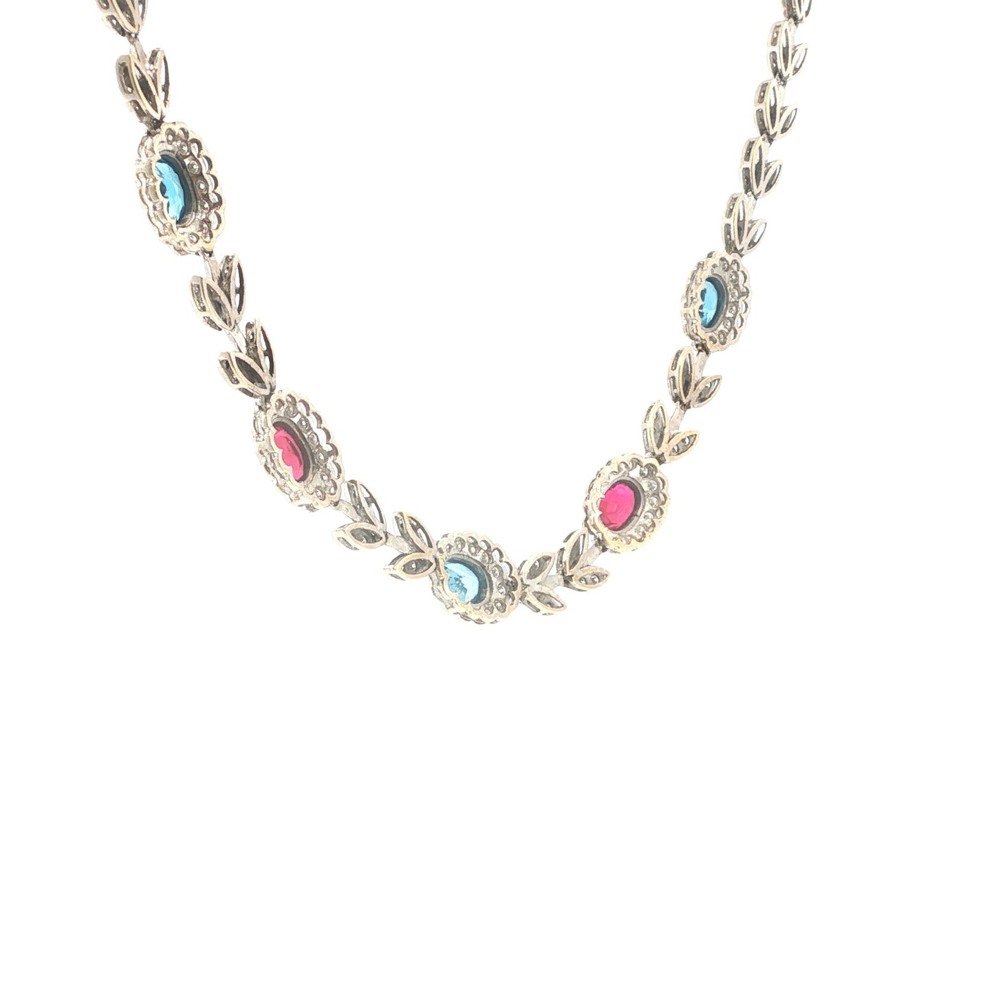 Italian 18K White Gold Diamond, Multi Gemstone Foliate Necklace
